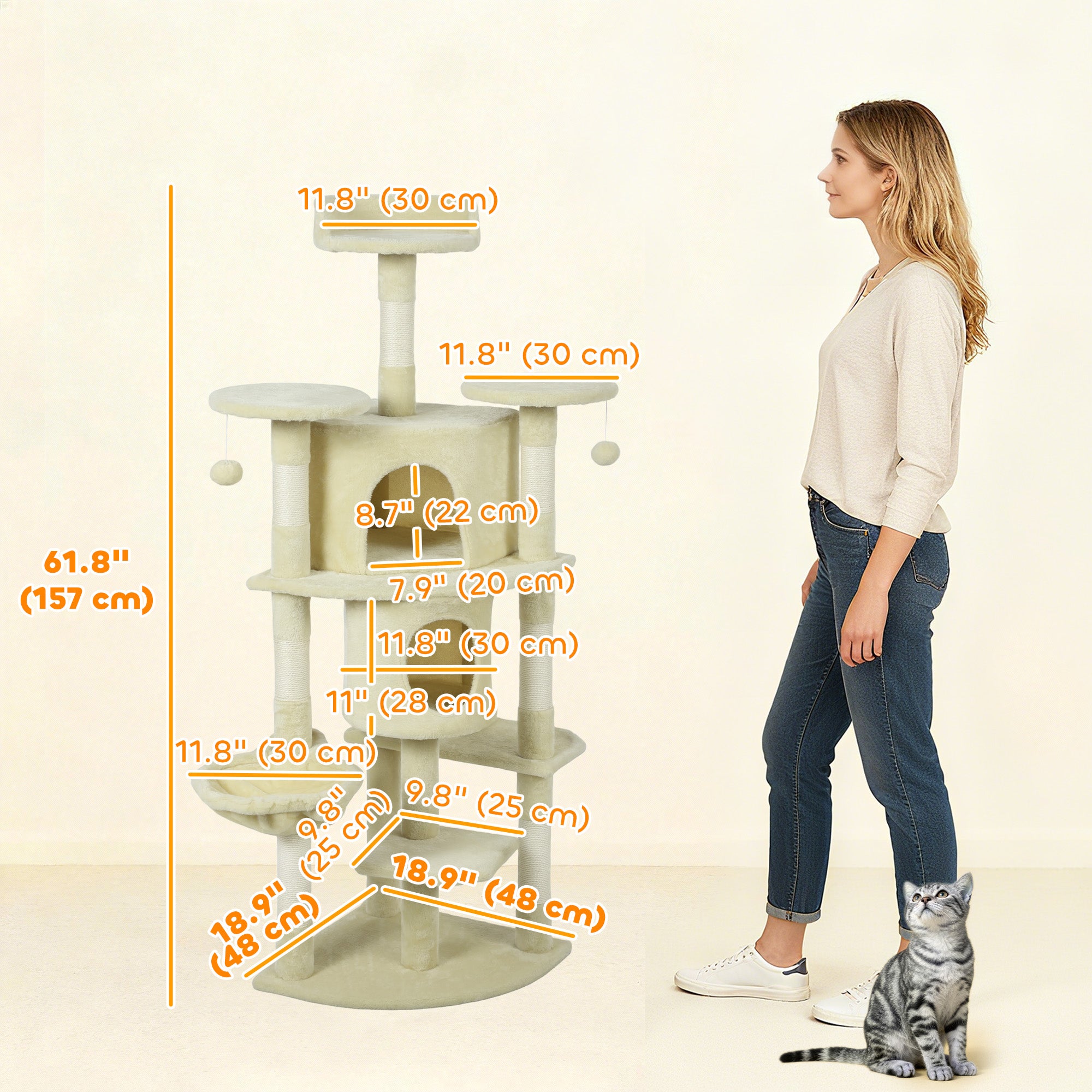 62" Cat Tree with Scratching Post, 2 Condos, Hammock, Perches, Plush, Pompoms, for Indoor Cats, Beige-Cats-DECOROLALA
