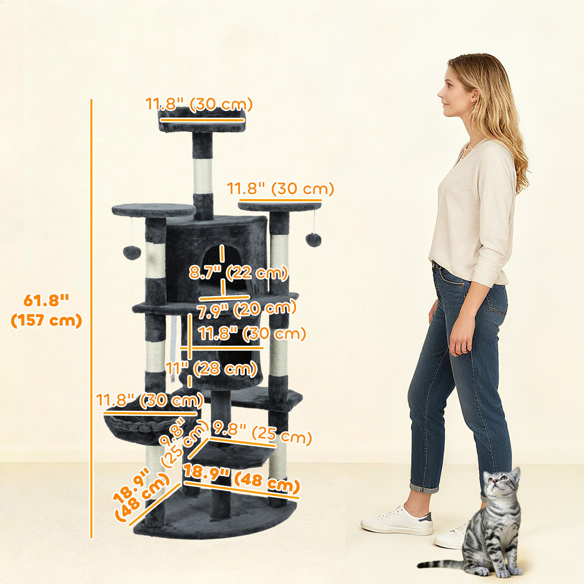 62" Cat Tree with Scratching Post, 2 Condos, Hammock, Perches, Plush, Pompoms, for Indoor Cats, Dark Grey-Cats-DECOROLALA