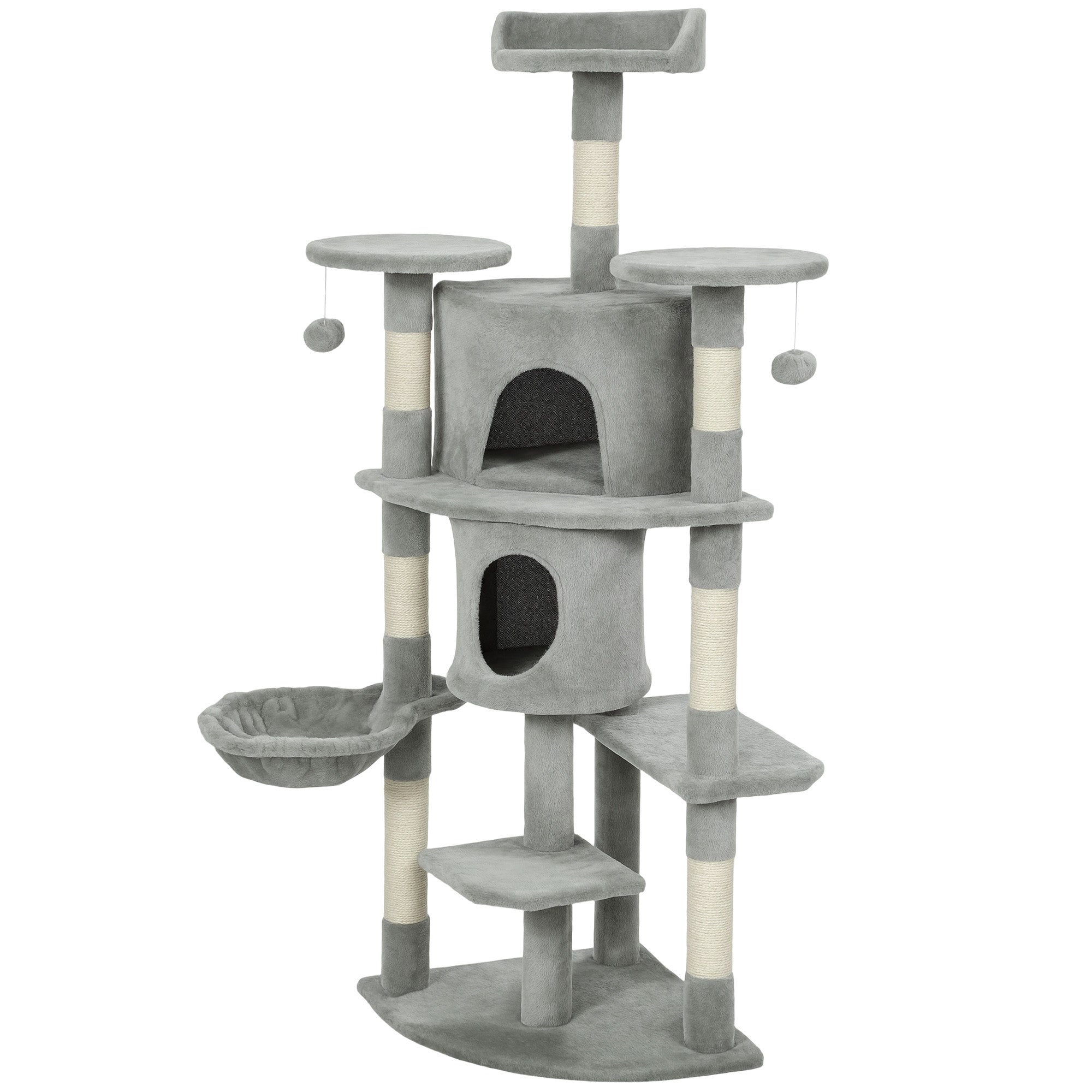 62" Cat Tree with Scratching Post, 2 Condos, Hammock, Perches, Plush, Pompoms, for Indoor Cats, Light Grey-Cats-DECOROLALA