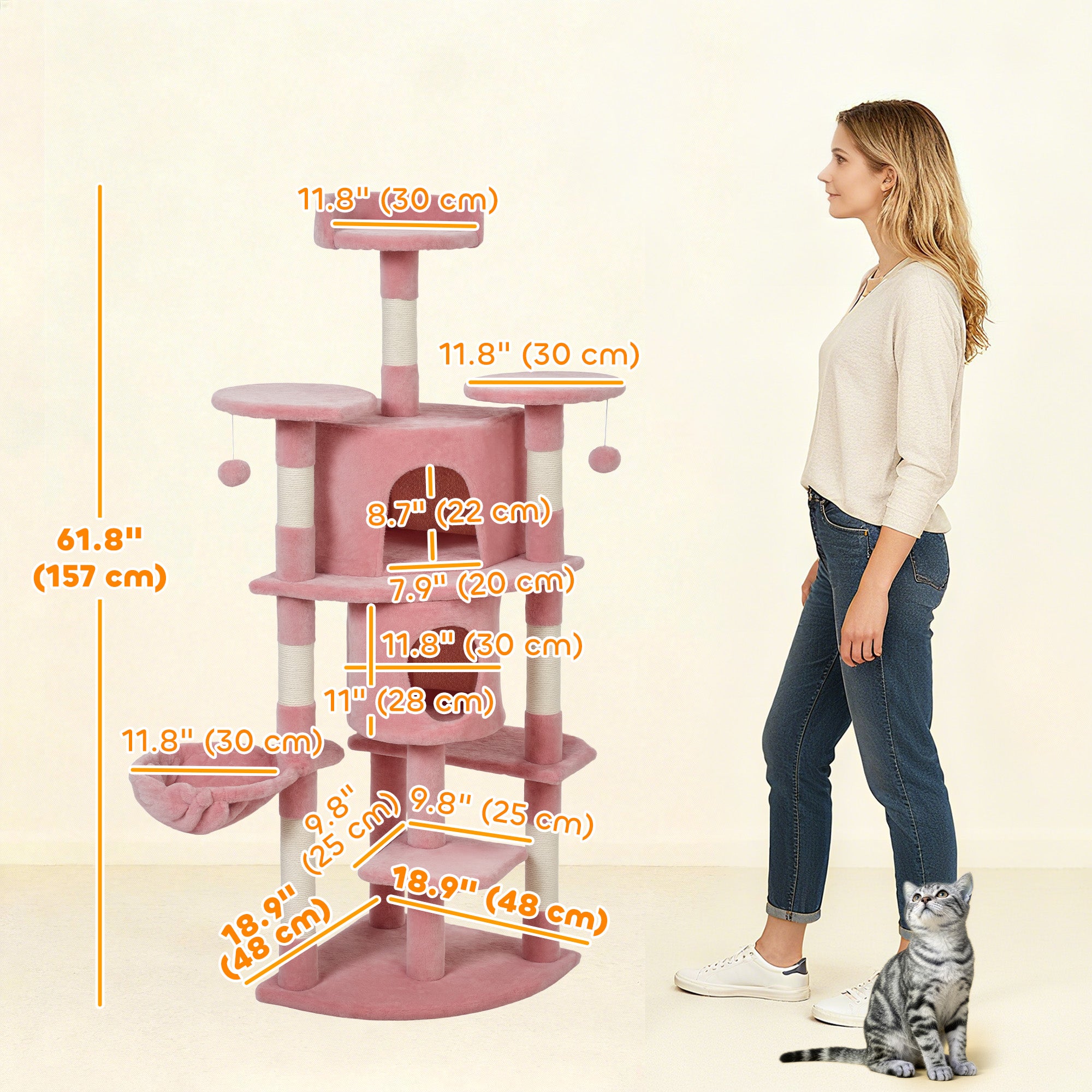 62" Cat Tree with Scratching Post, 2 Condos, Hammock, Perches, Plush, Pompoms, for Indoor Cats, Pink-Cats-DECOROLALA