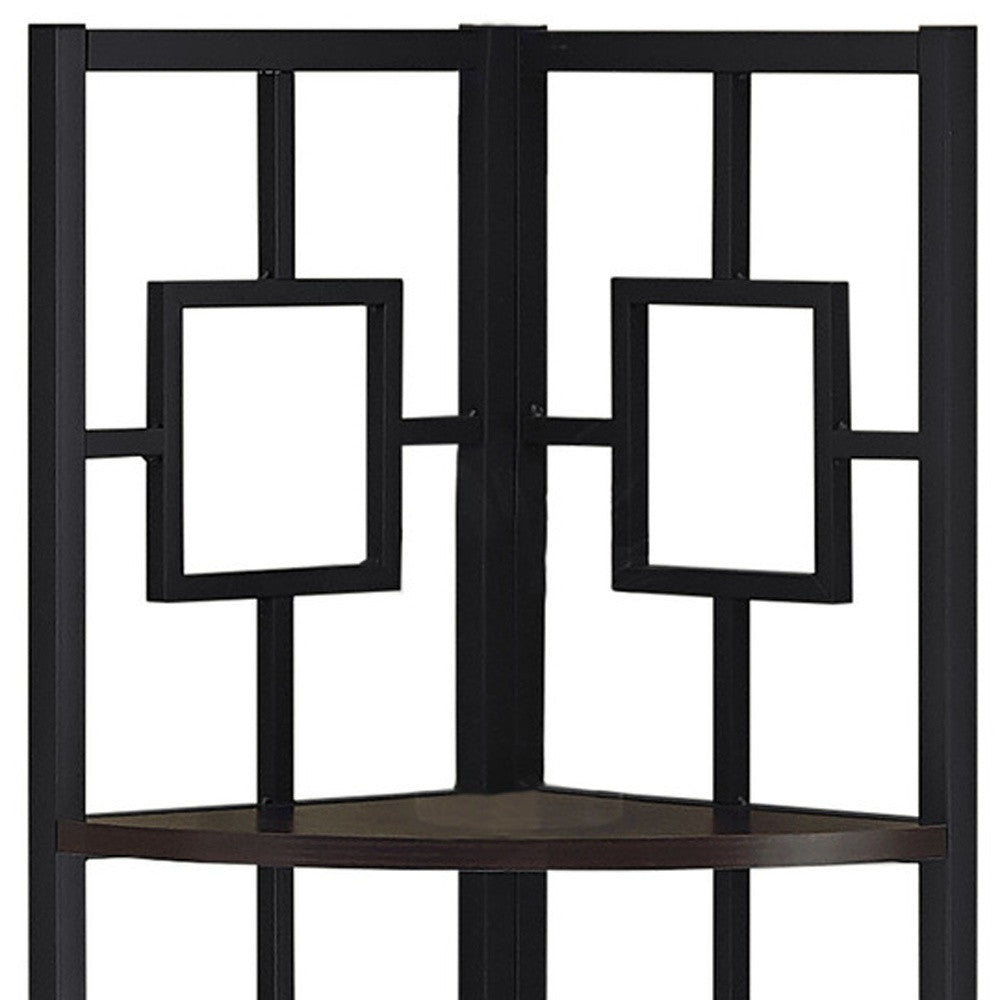 62" Espresso Metal Corner Bookcase-Bookcases-DECOROLALA