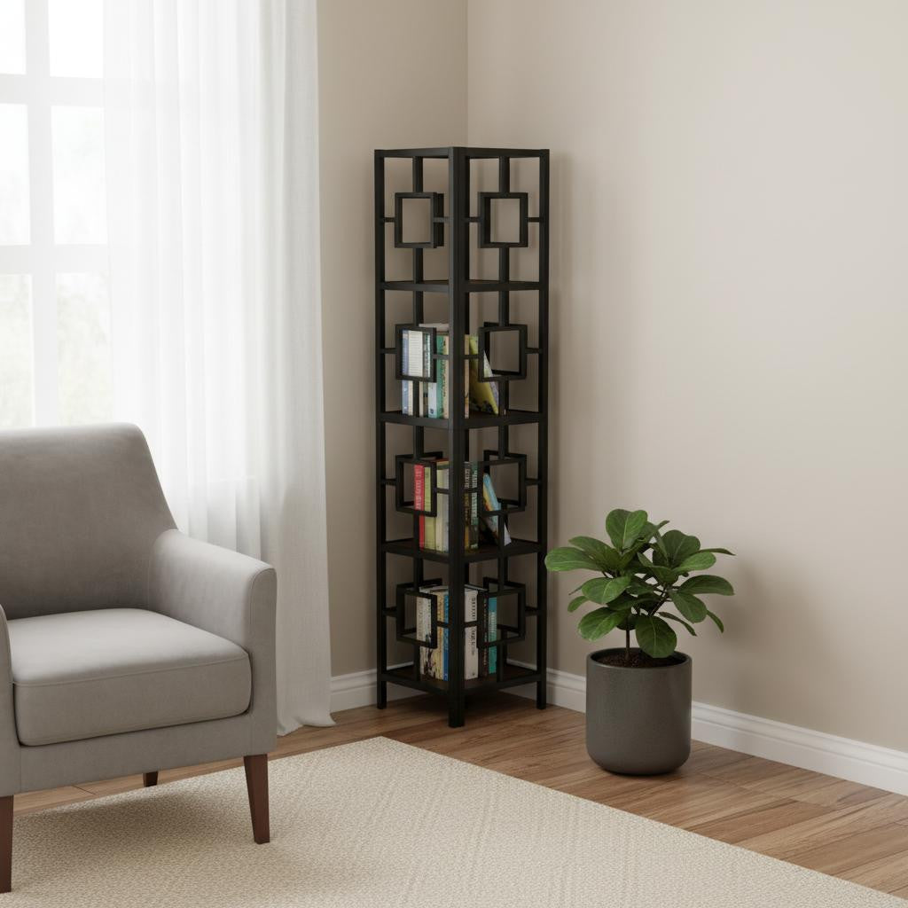 62" Espresso Metal Corner Bookcase-Bookcases-DECOROLALA