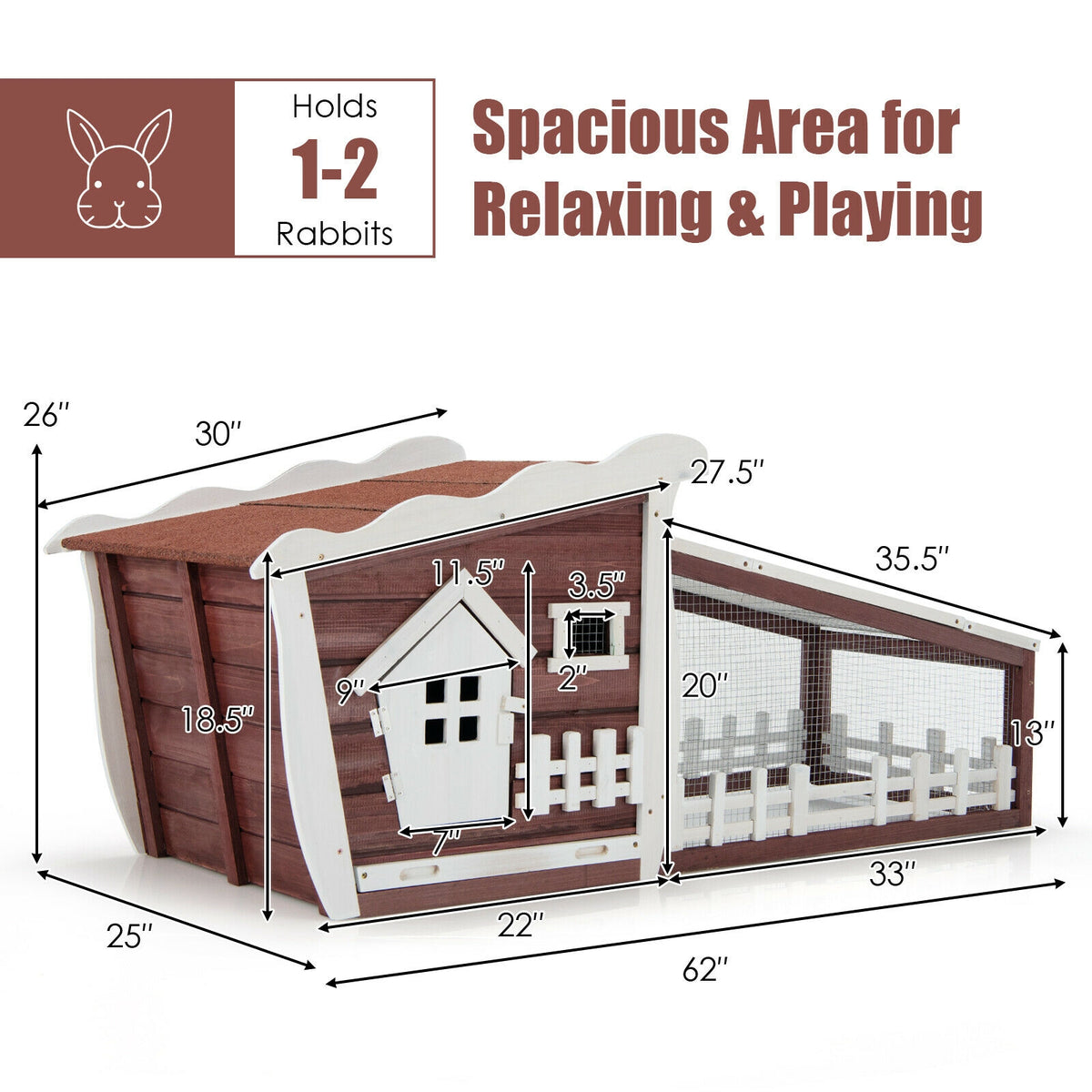 62 Inch Wooden Rabbit Hutch with Pull Out Tray-Red-Rabbit Hutches-DECOROLALA