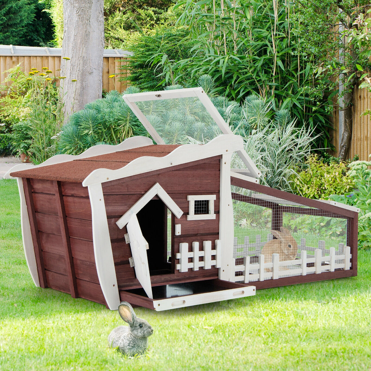 62 Inch Wooden Rabbit Hutch with Pull Out Tray-Red-Rabbit Hutches-DECOROLALA