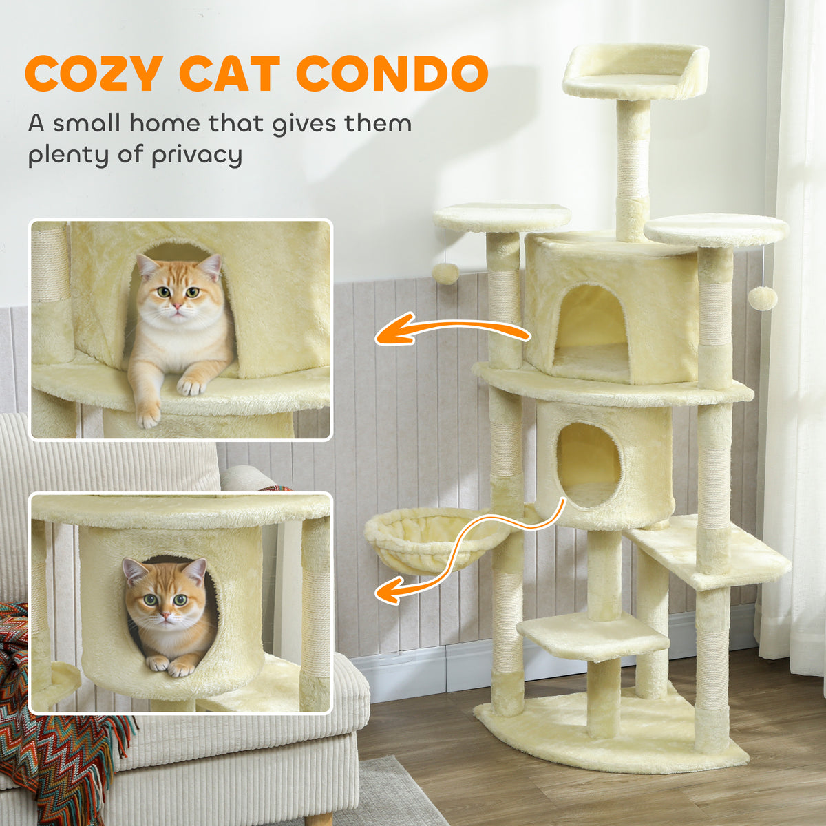 62" Multi-Level Cat Tree with 2 Condos and Hammock - Beige-Cats-DECOROLALA