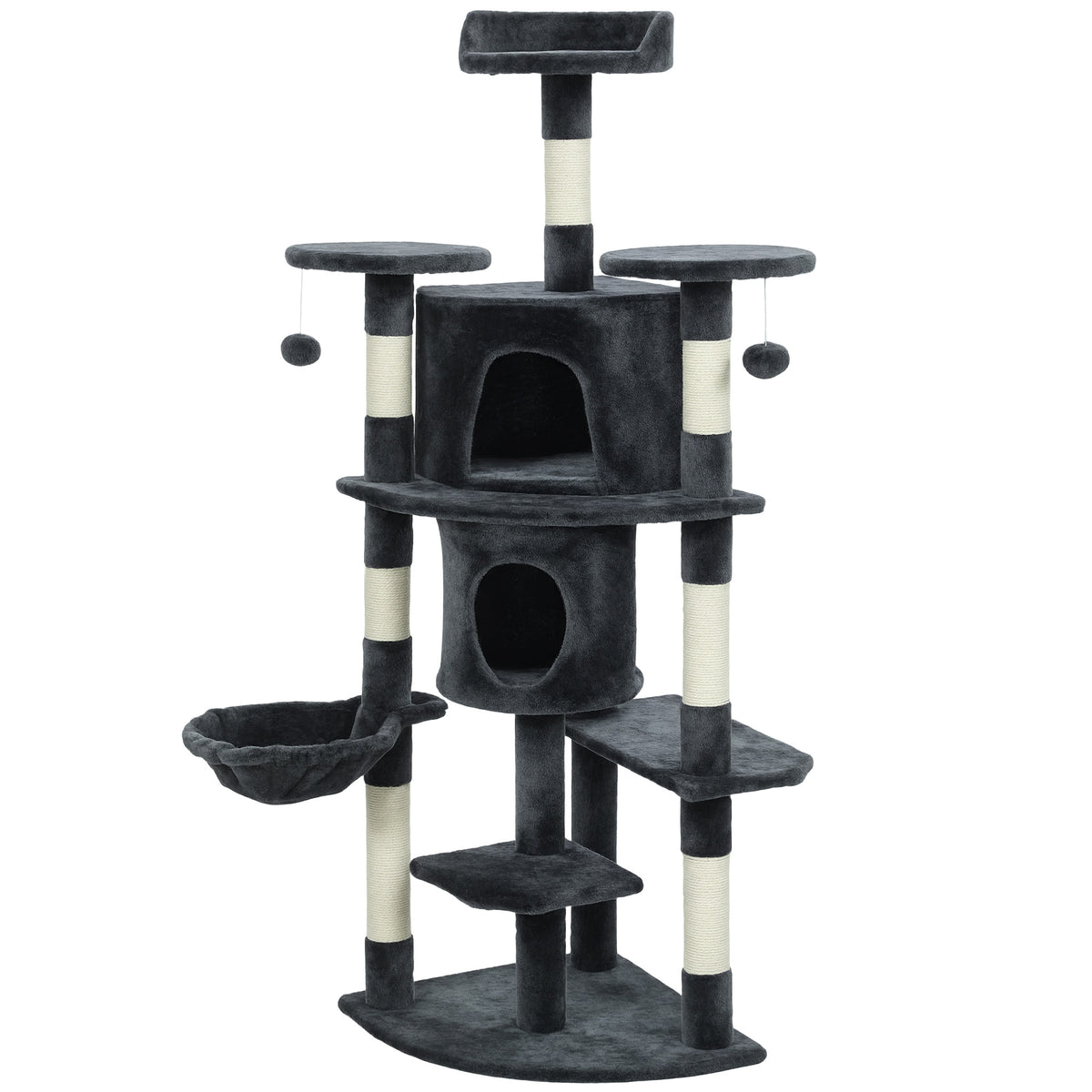 62" Multi-Level Cat Tree with 2 Condos and Hammock - Dark Grey-Cats-DECOROLALA
