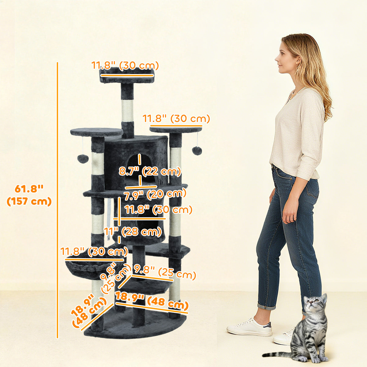 62" Multi-Level Cat Tree with 2 Condos and Hammock - Dark Grey-Cats-DECOROLALA