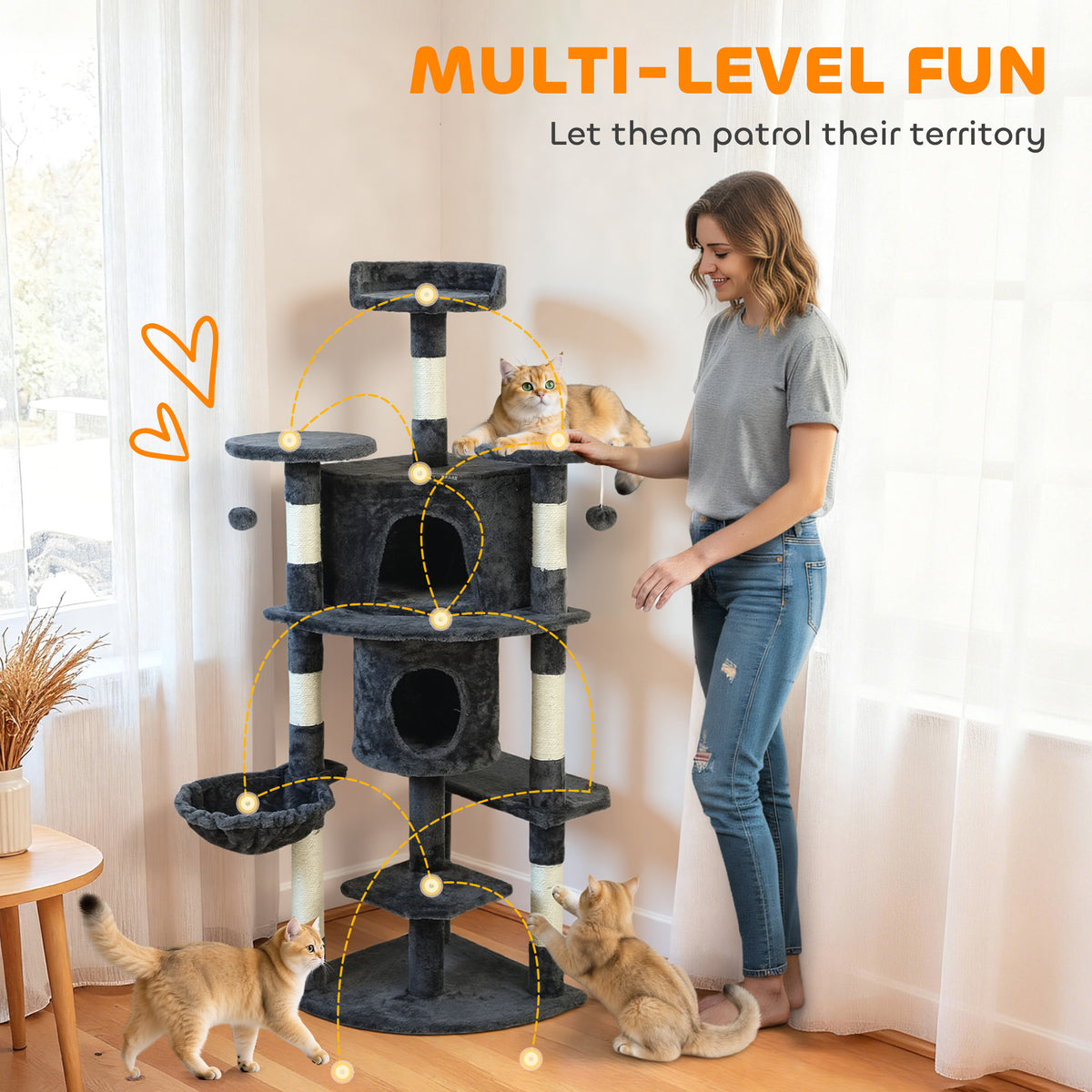 62" Multi-Level Cat Tree with 2 Condos and Hammock - Dark Grey-Cats-DECOROLALA