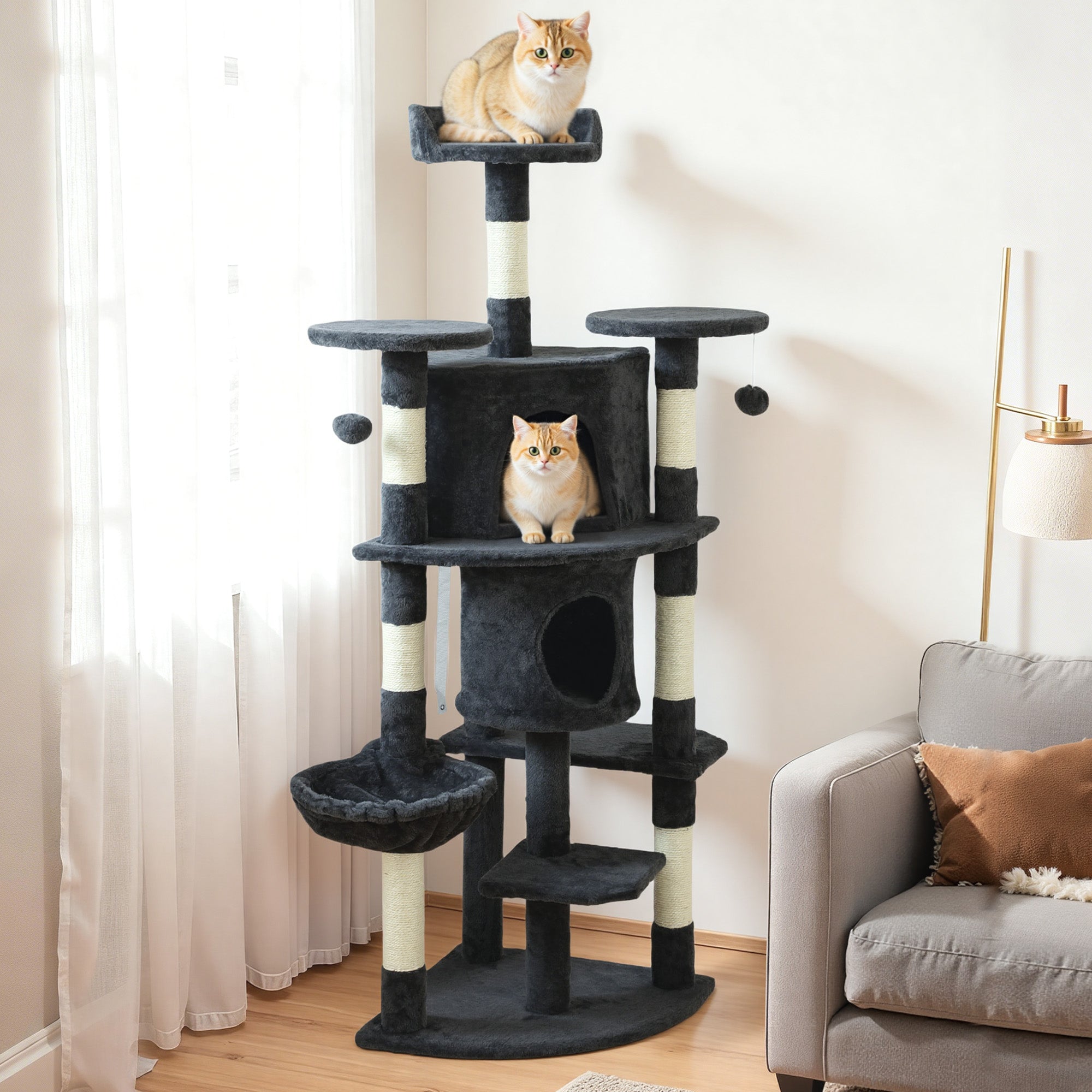 62" Multi-Level Cat Tree with 2 Condos and Hammock - Dark Grey-Cats-DECOROLALA