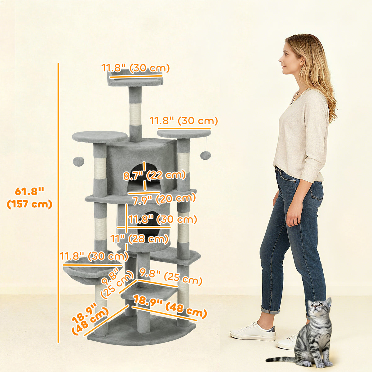 62" Multi-Level Cat Tree with 2 Condos and Hammock - Light Grey-Cats-DECOROLALA