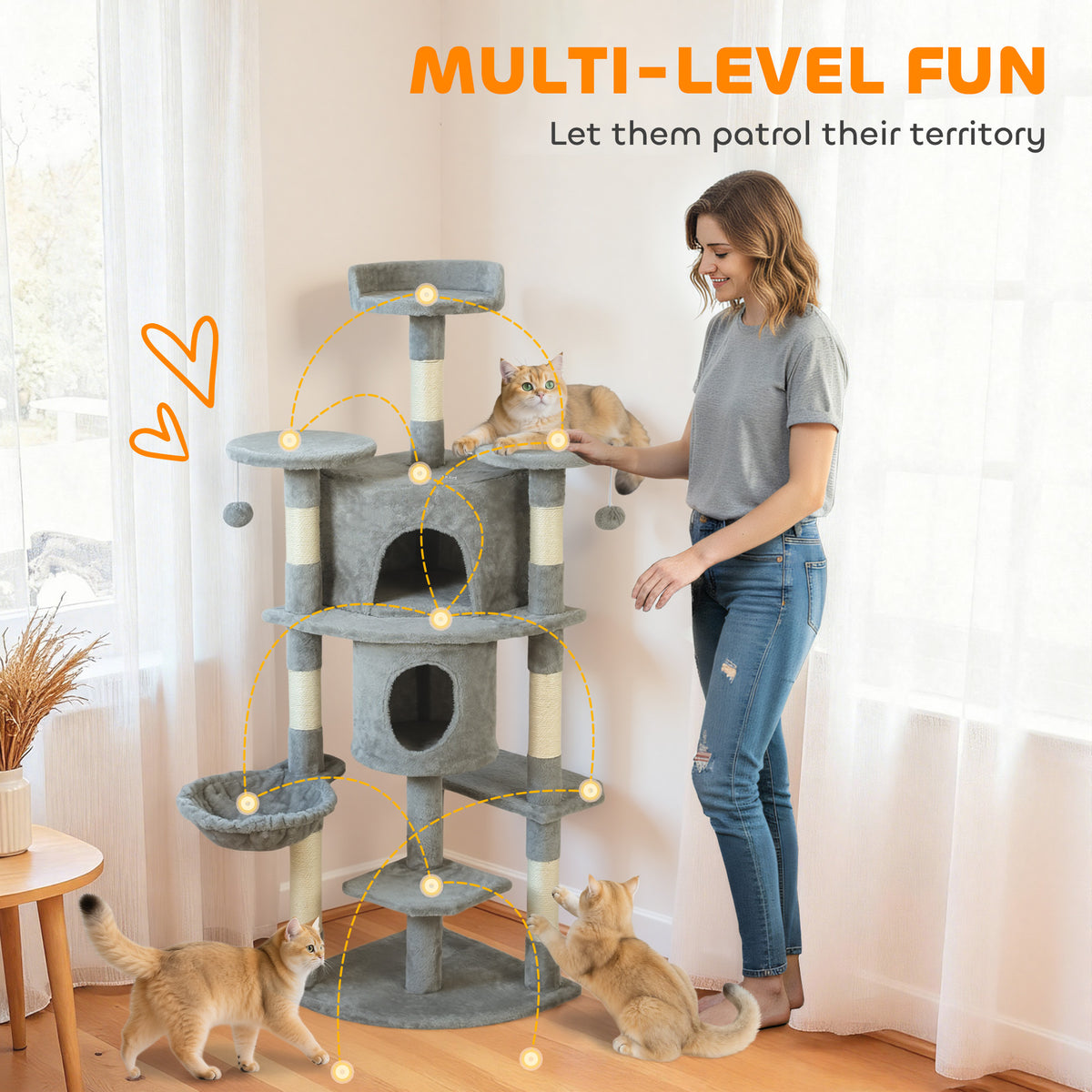 62" Multi-Level Cat Tree with 2 Condos and Hammock - Light Grey-Cats-DECOROLALA