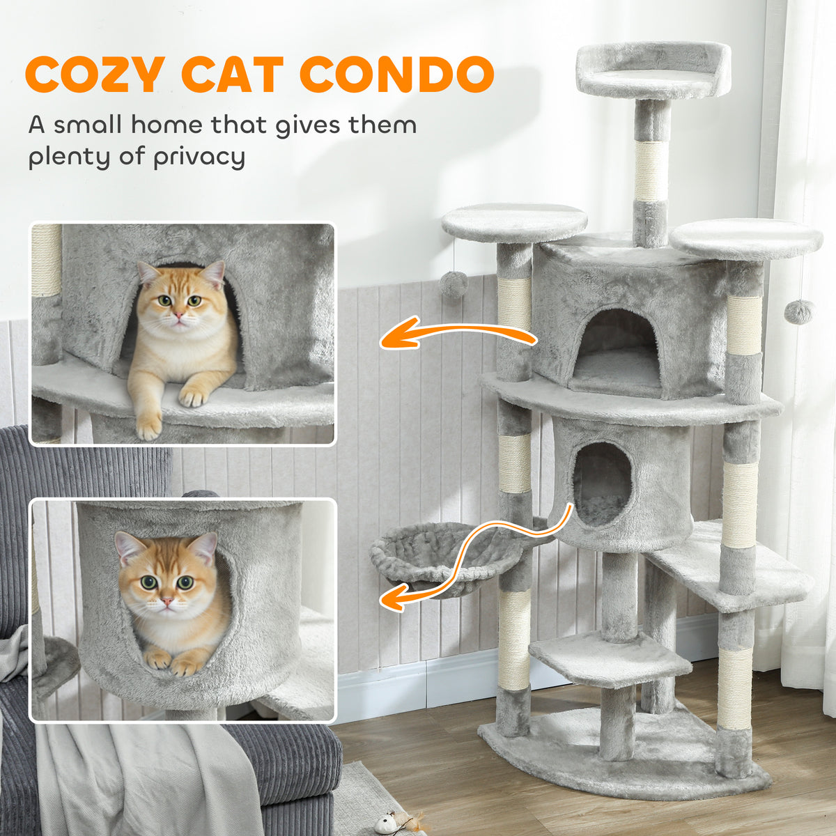 62" Multi-Level Cat Tree with 2 Condos and Hammock - Light Grey-Cats-DECOROLALA