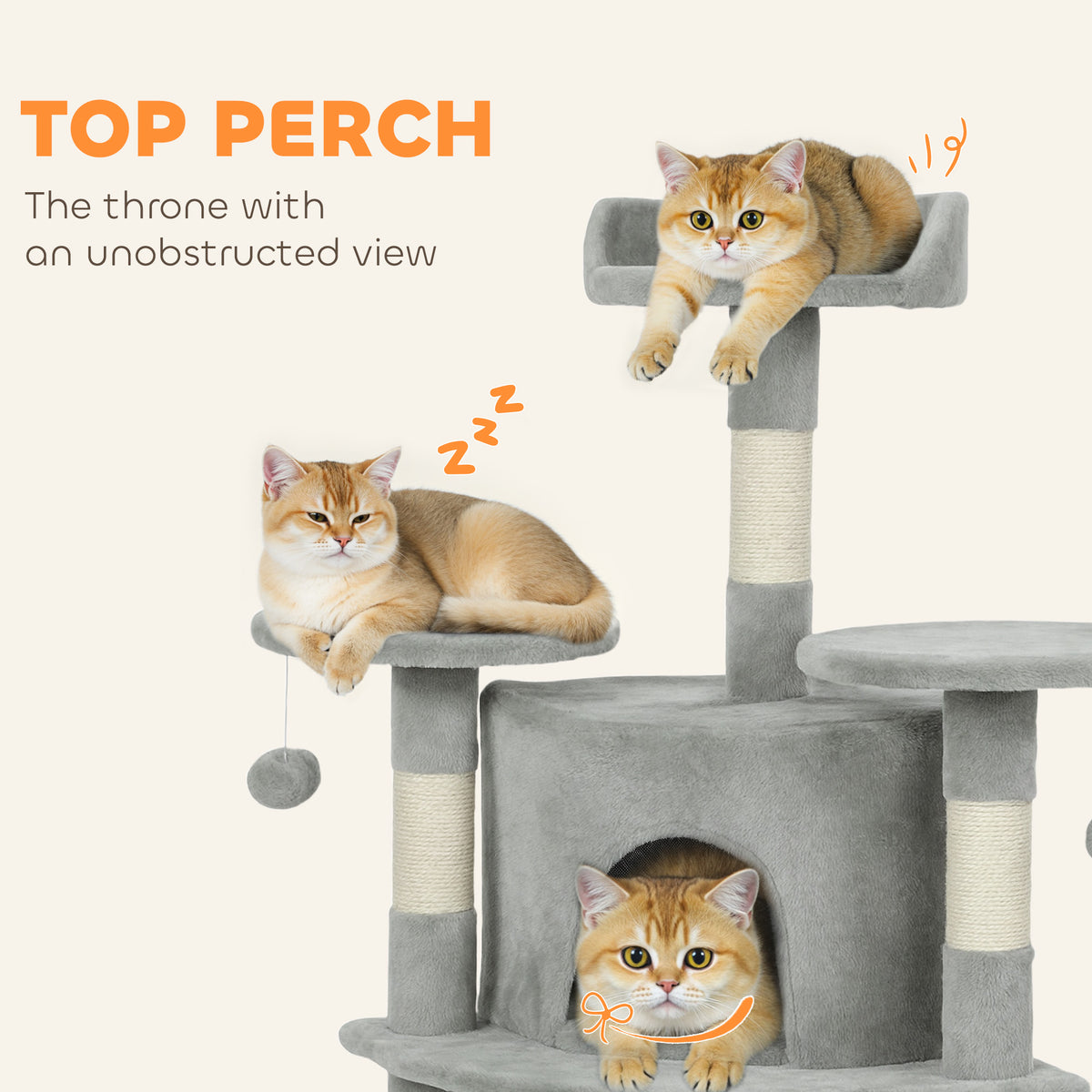 62" Multi-Level Cat Tree with 2 Condos and Hammock - Light Grey-Cats-DECOROLALA