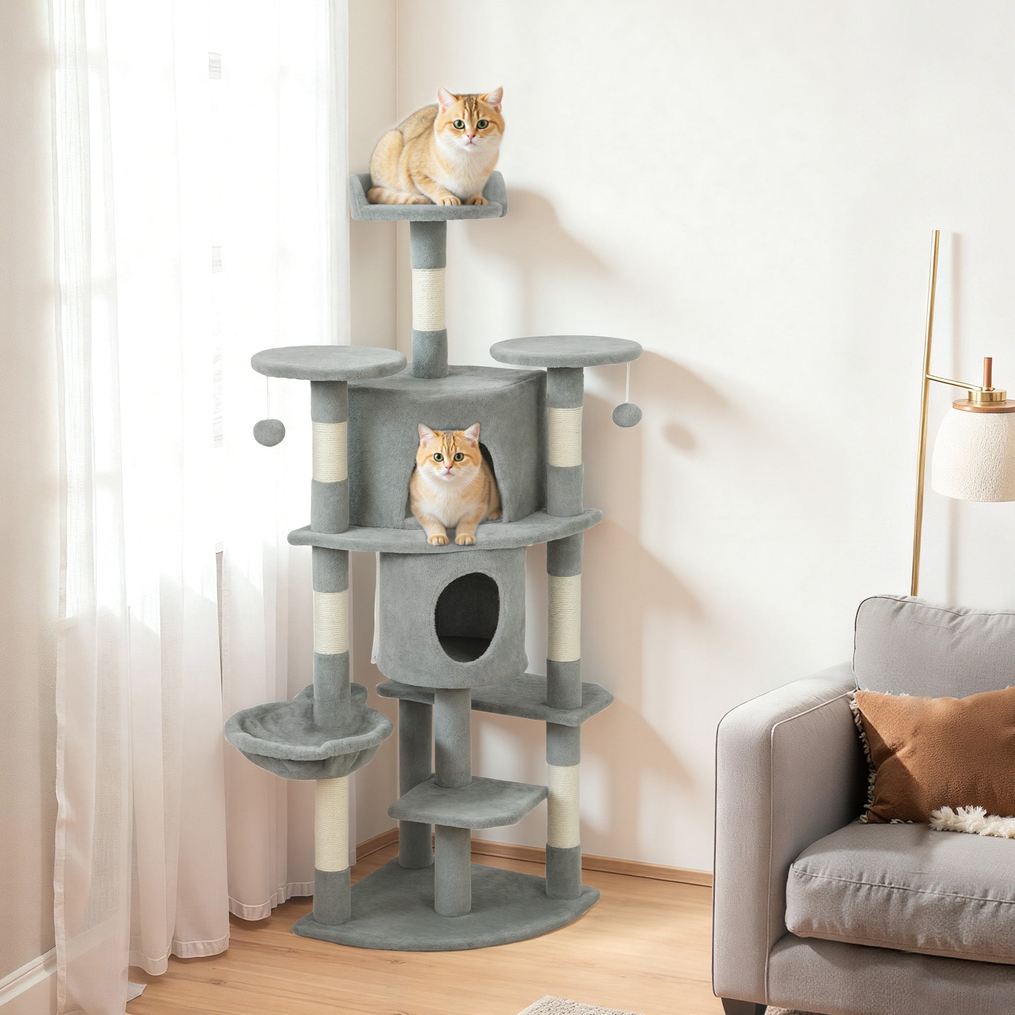 62" Multi-Level Cat Tree with 2 Condos and Hammock - Light Grey-Cats-DECOROLALA