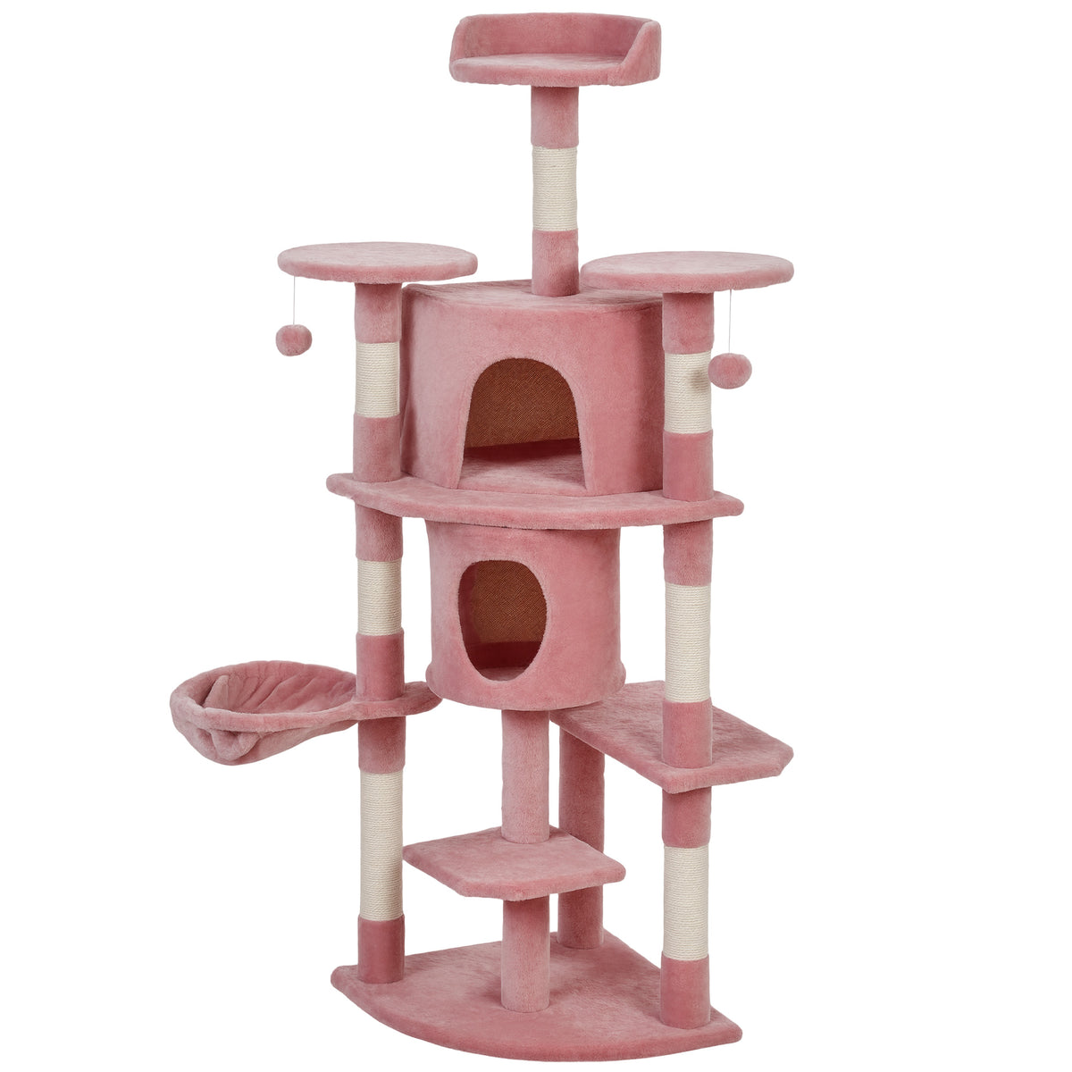 62" Multi-Level Cat Tree with 2 Condos and Hammock - Pink-Cat Supplies-DECOROLALA