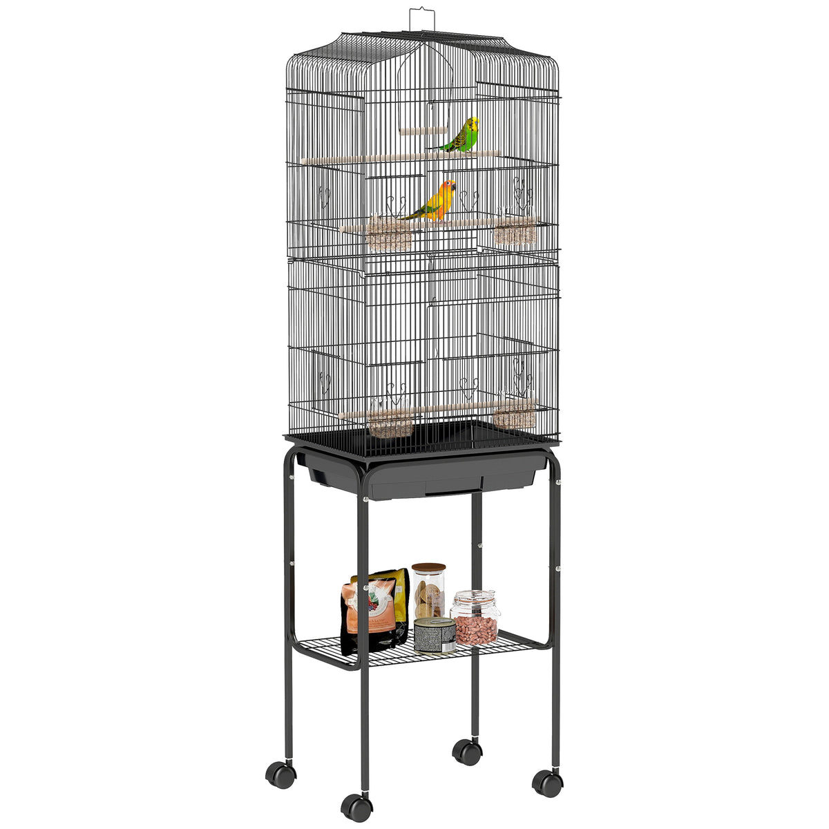 62" Rolling Bird Cage with Storage Shelf and Wheels - Black-Birds-DECOROLALA