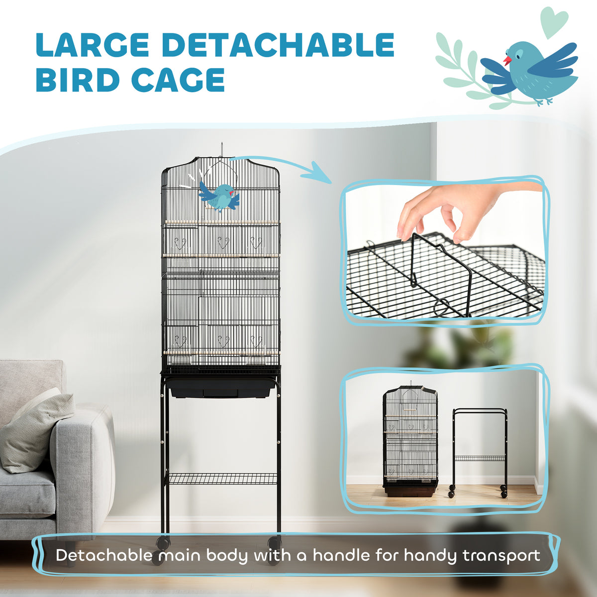 62" Rolling Bird Cage with Storage Shelf and Wheels - Black-Birds-DECOROLALA