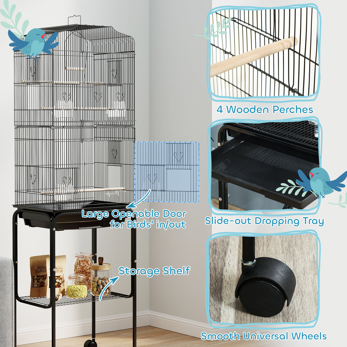 62" Rolling Bird Cage with Storage Shelf and Wheels - Black-Birds-DECOROLALA