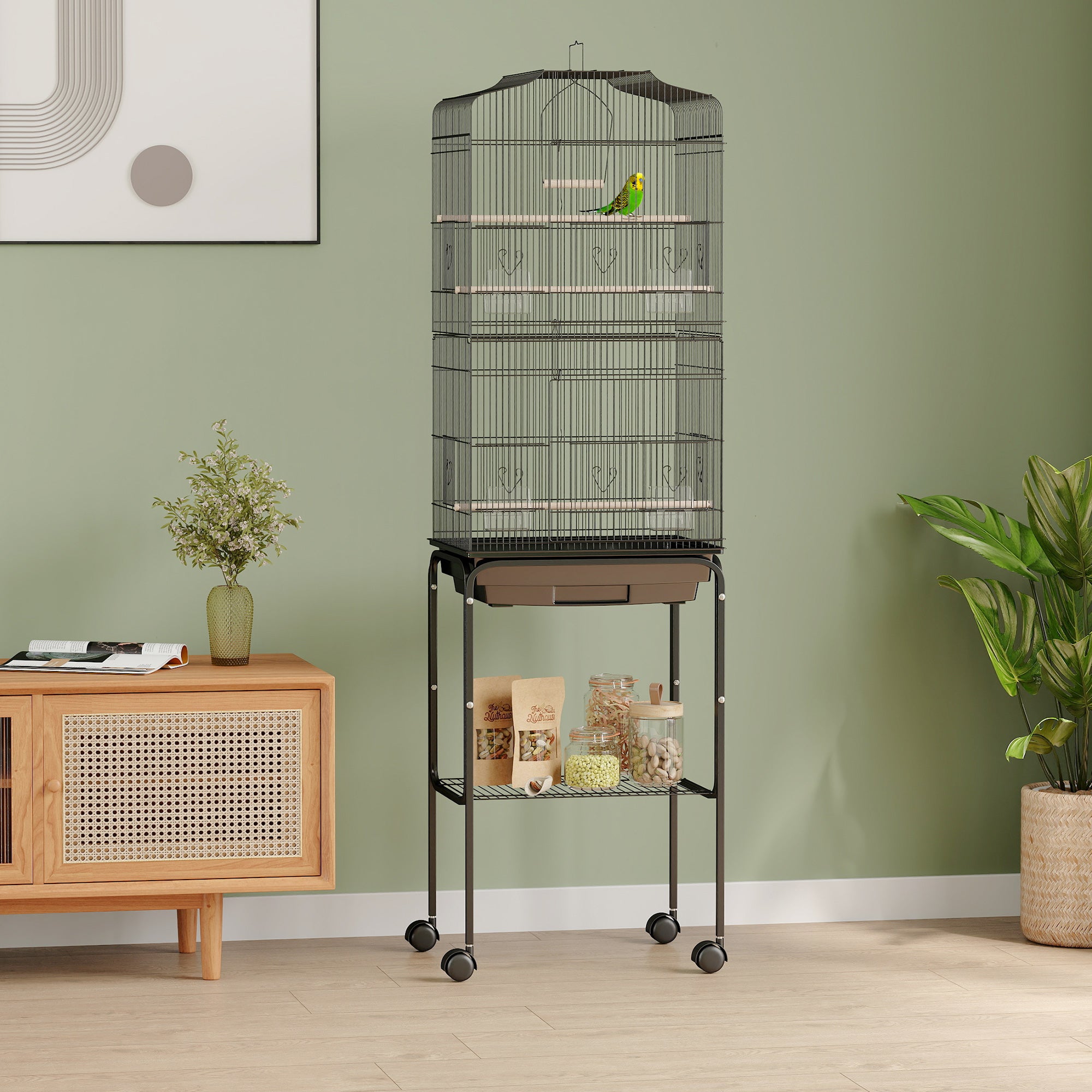 62" Rolling Bird Cage with Storage Shelf and Wheels - Black-Birds-DECOROLALA