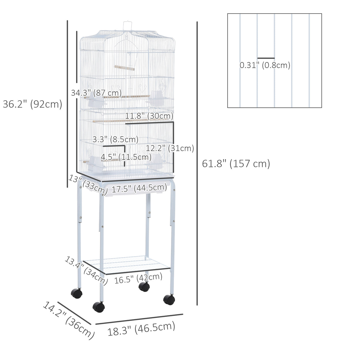 62" Rolling Bird Cage with Storage Shelf and Wheels - White-Birds-DECOROLALA