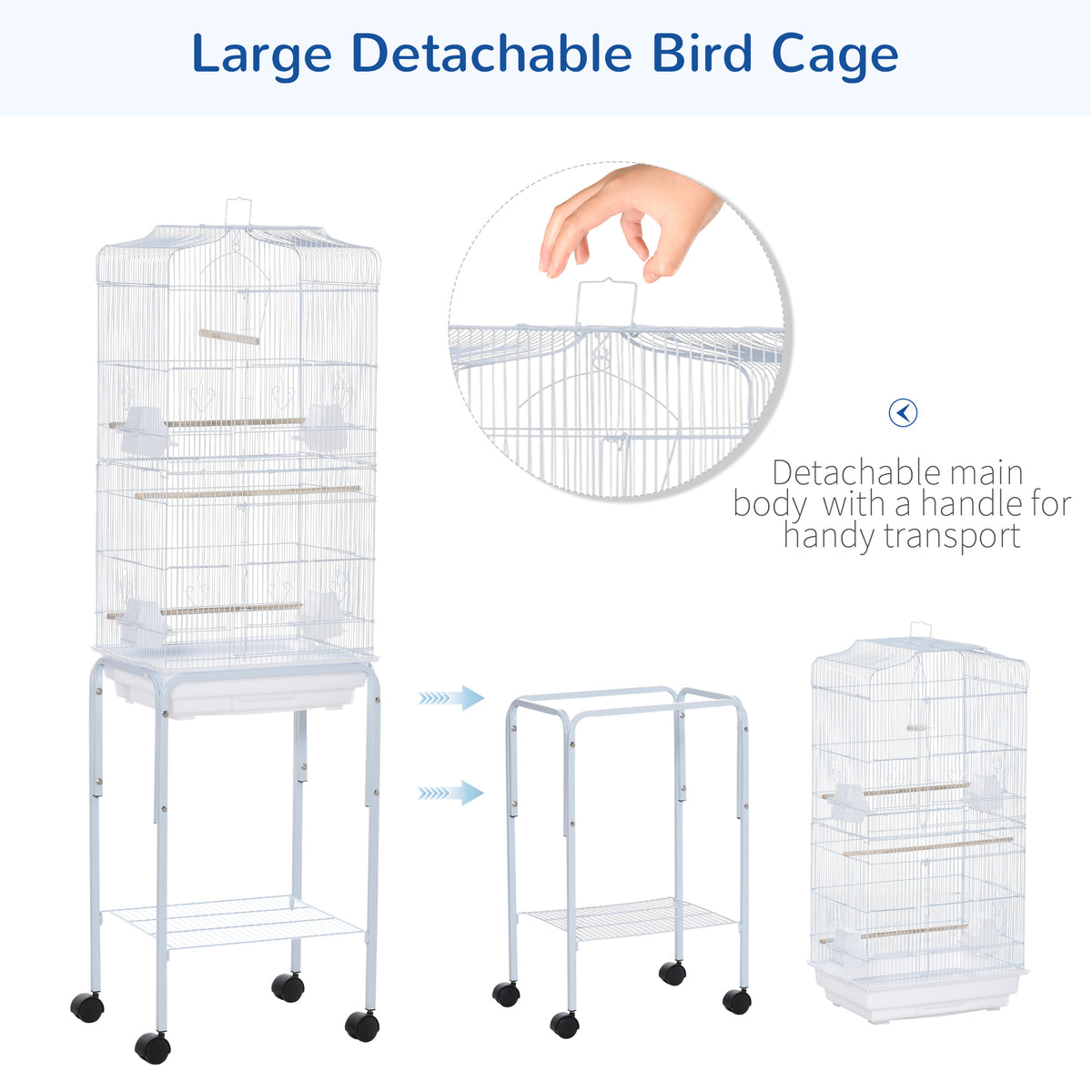 62" Rolling Bird Cage with Storage Shelf and Wheels - White-Birds-DECOROLALA