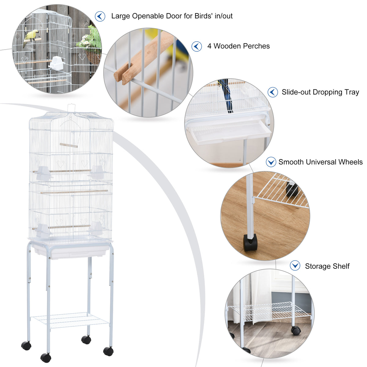 62" Rolling Bird Cage with Storage Shelf and Wheels - White-Birds-DECOROLALA