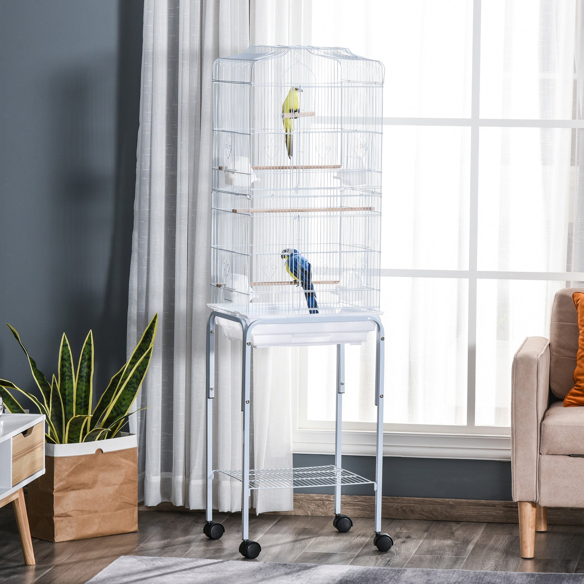 62" Rolling Bird Cage with Storage Shelf and Wheels - White-Birds-DECOROLALA