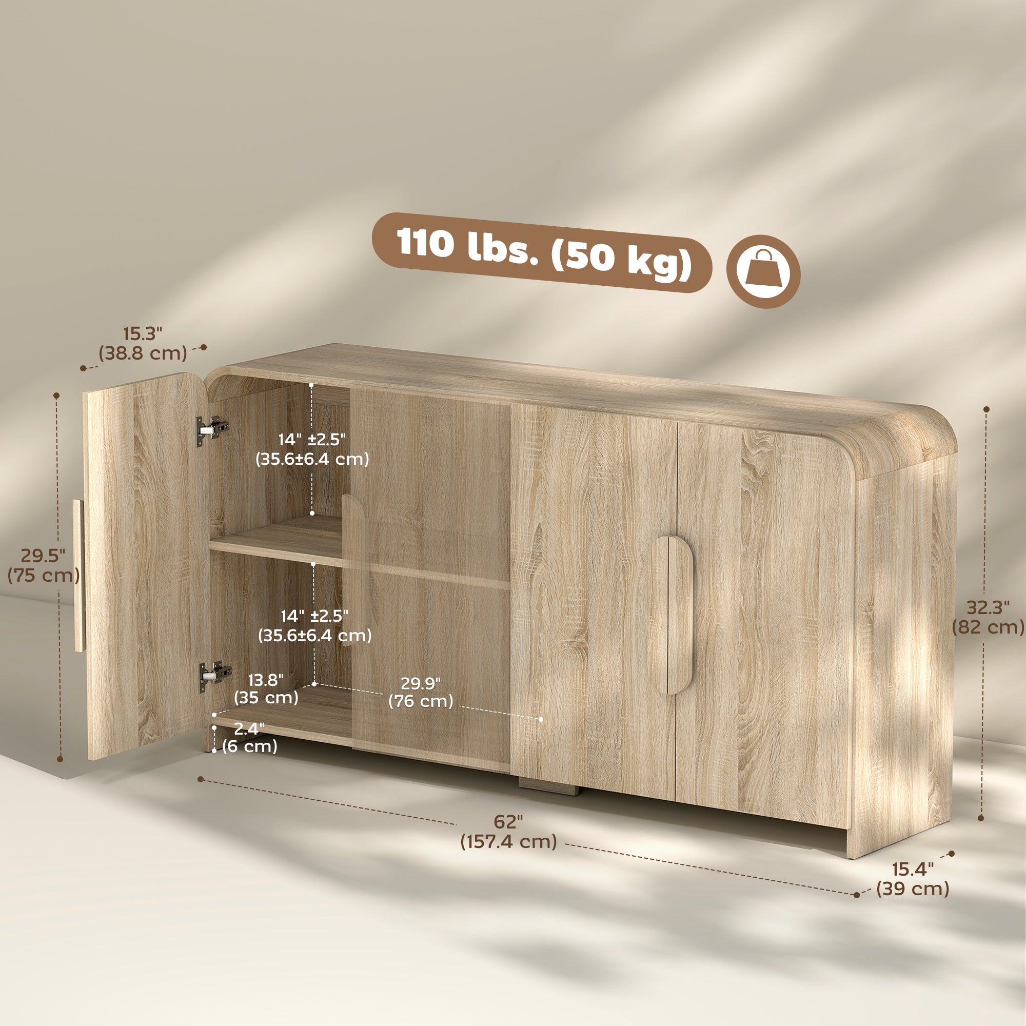 62" Sideboard Buffet Cabinet - Natural Wood Modern Storage-DECOROLALA