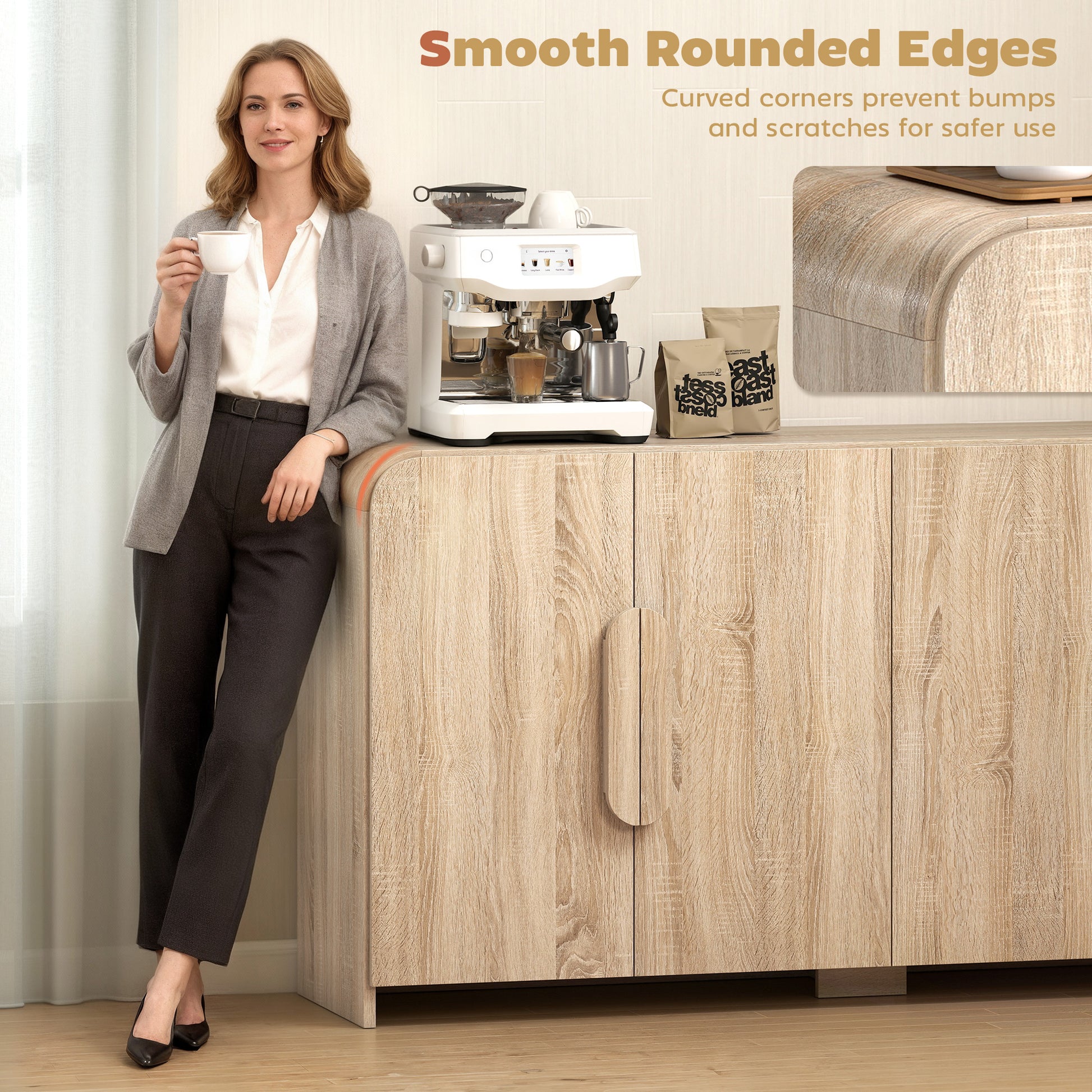 62" Sideboard Buffet Cabinet - Natural Wood Modern Storage-DECOROLALA