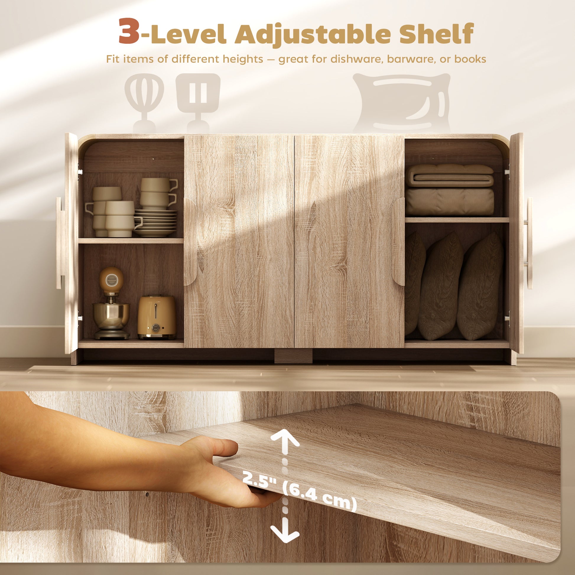62" Sideboard Buffet Cabinet - Natural Wood Modern Storage-DECOROLALA