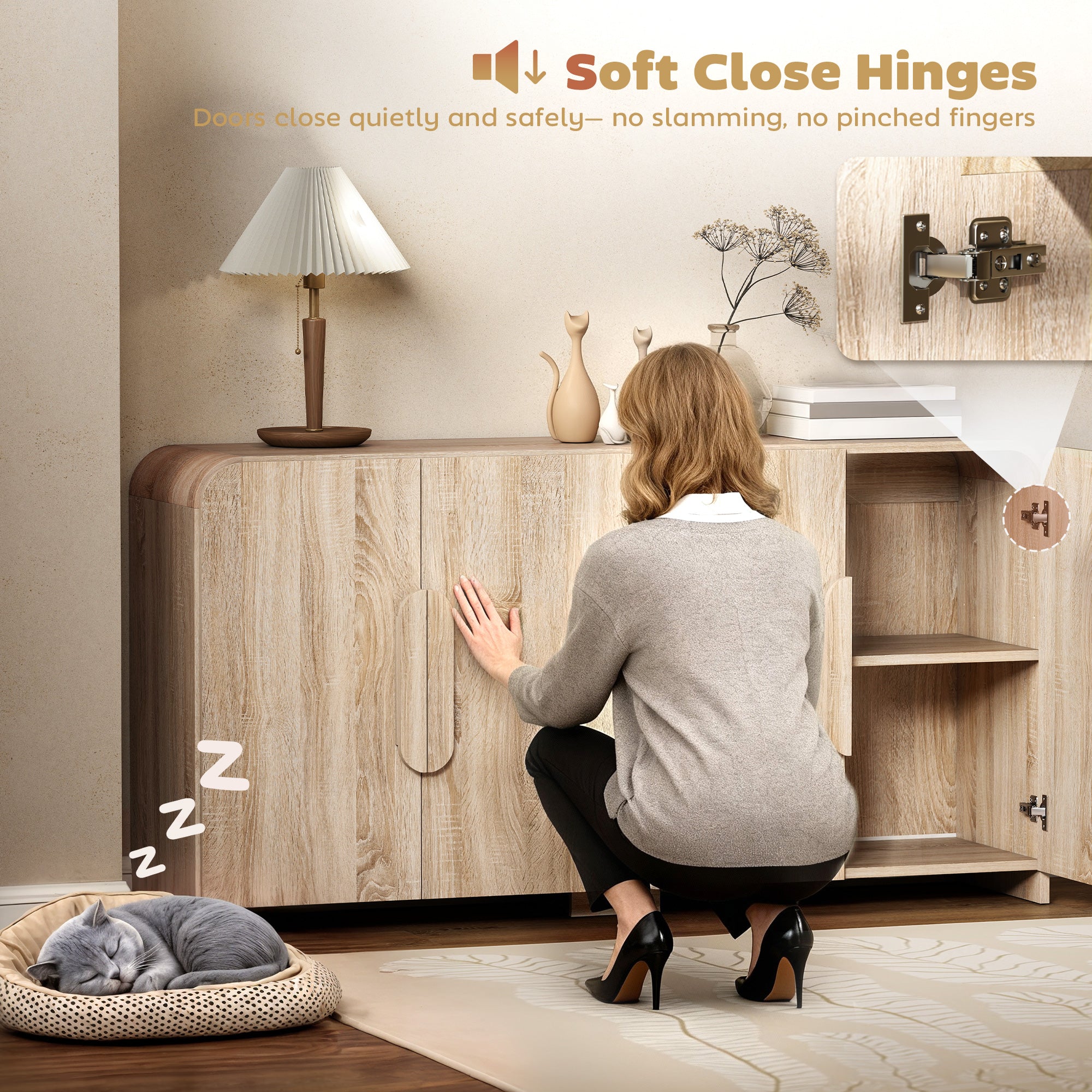62" Sideboard Buffet Cabinet - Natural Wood Modern Storage-DECOROLALA