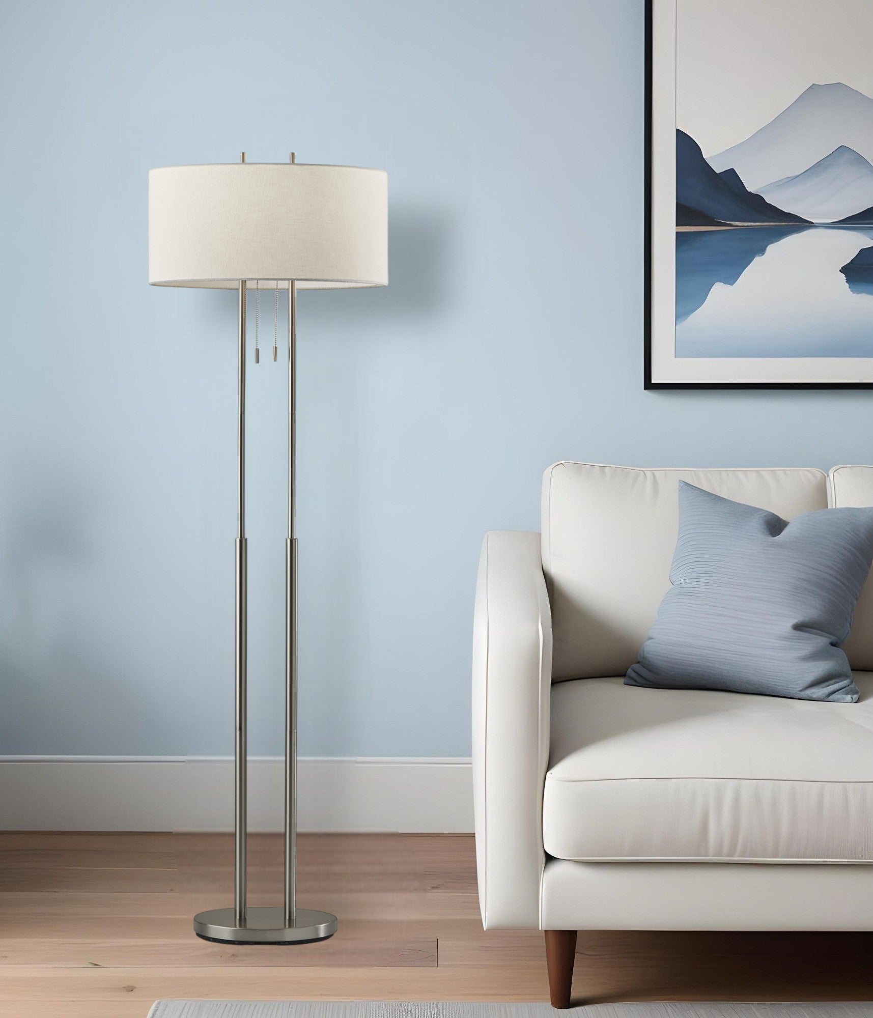 62" Silver Metal Task Floor Lamp With White Fabric Drum Shade-Floor Lamps-DECOROLALA