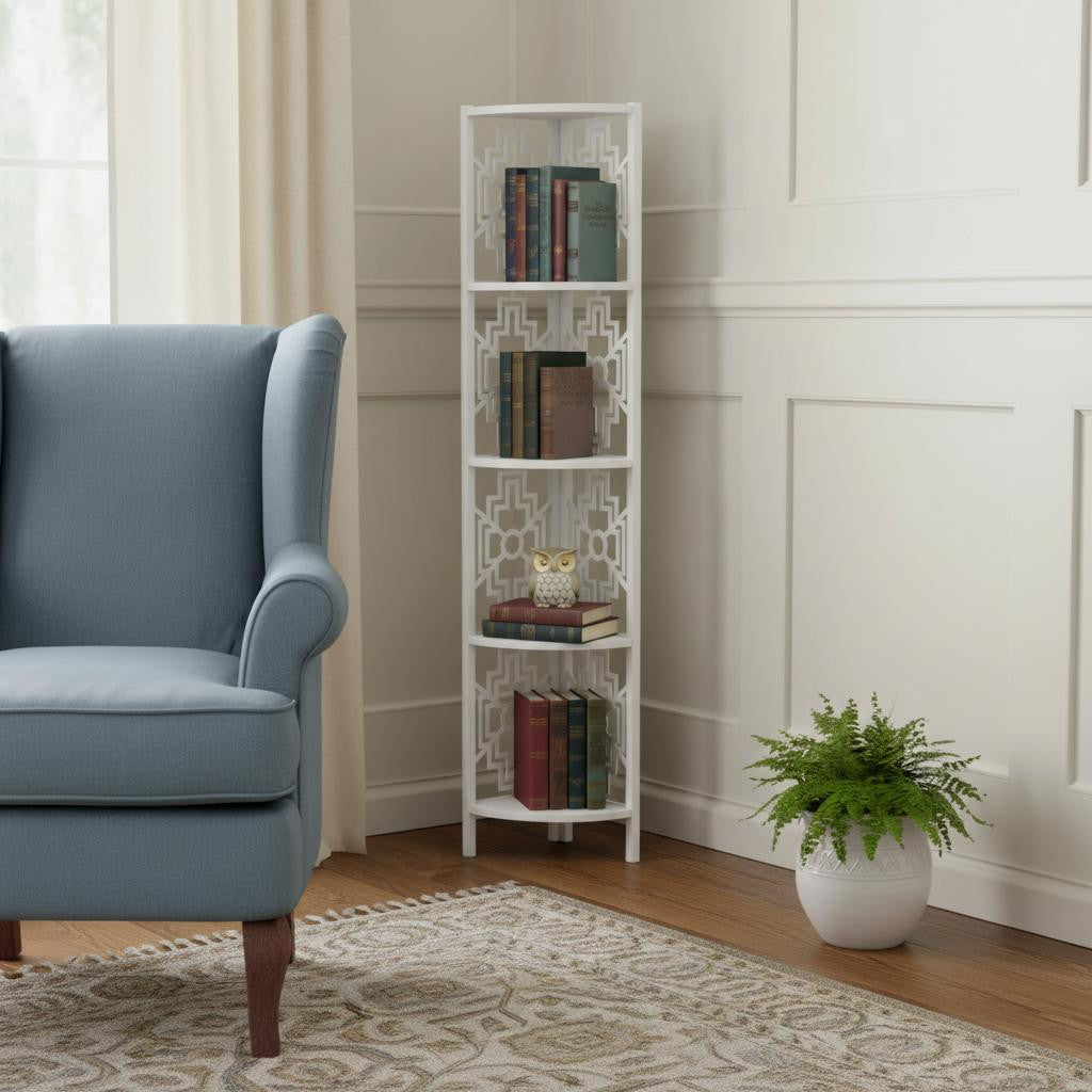 62" White Metal Corner Bookcase-Bookcases-DECOROLALA