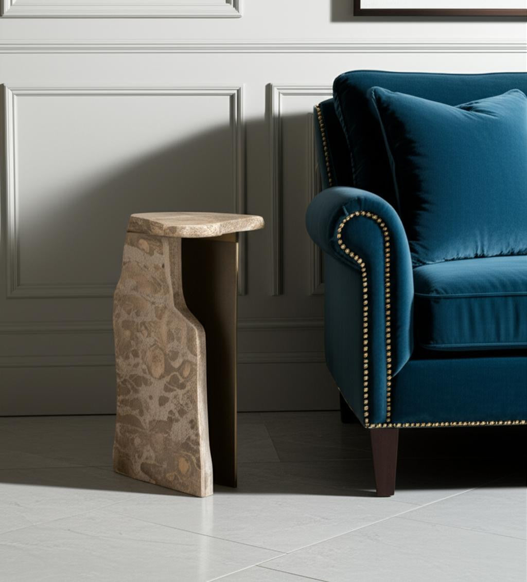 24" Beige Marble Pedestal End Table-End-Side Tables-DECOROLALA