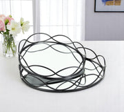 Set of Two Black And Silver Metal And Mirrored Glass Round Vanity Trays-0