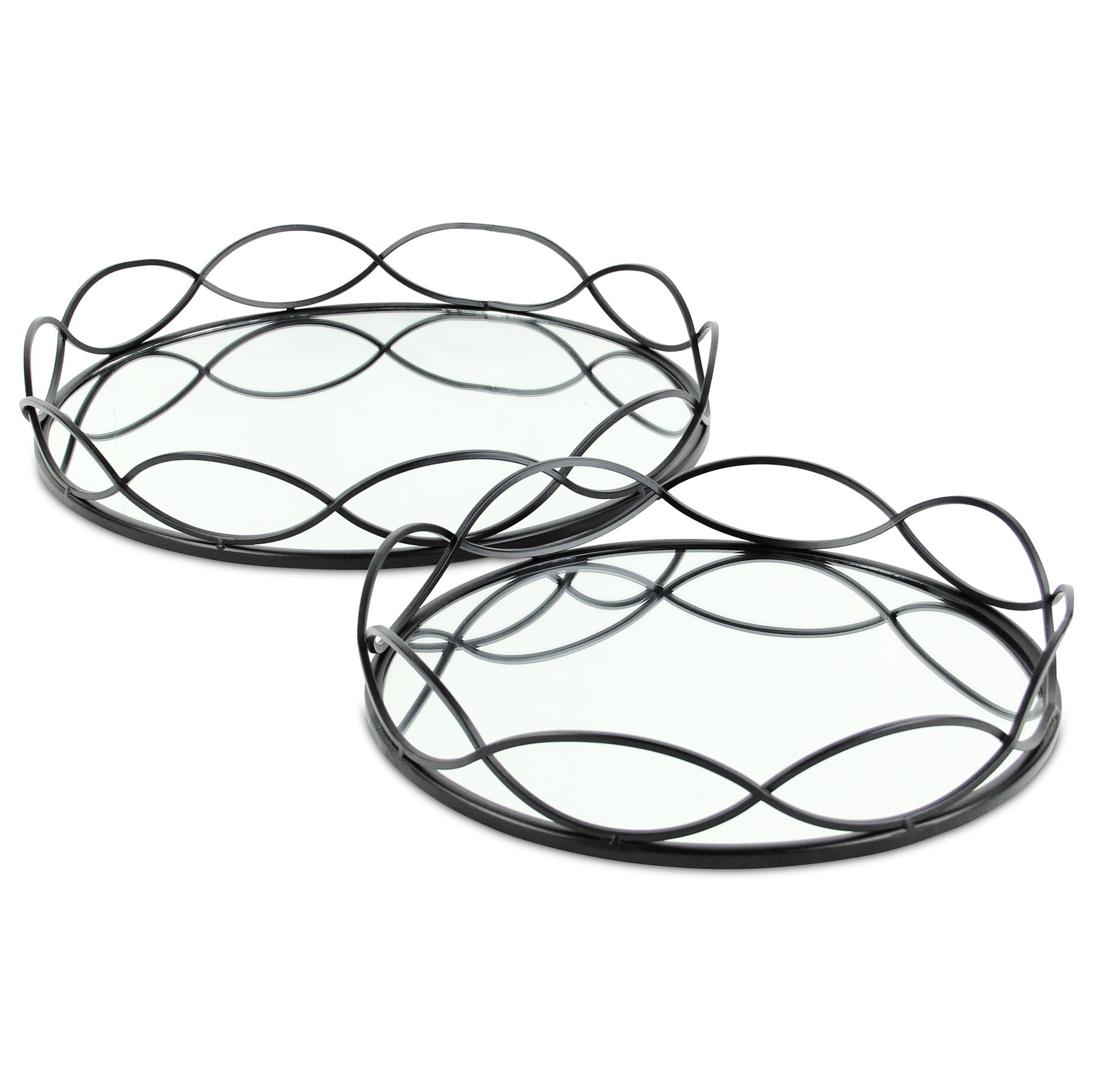 Set of Two Black And Silver Metal And Mirrored Glass Round Vanity Trays-5