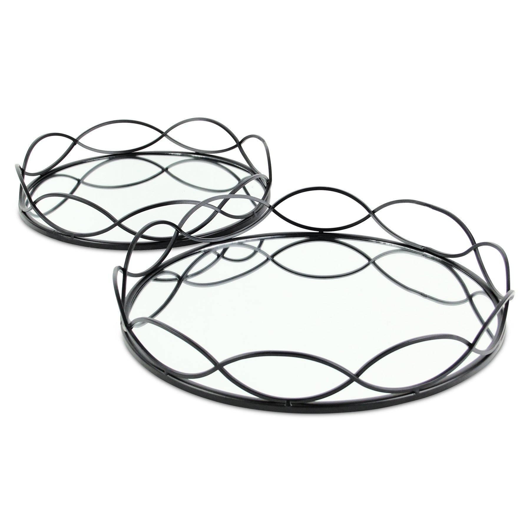 Set of Two Black And Silver Metal And Mirrored Glass Round Vanity Trays-6