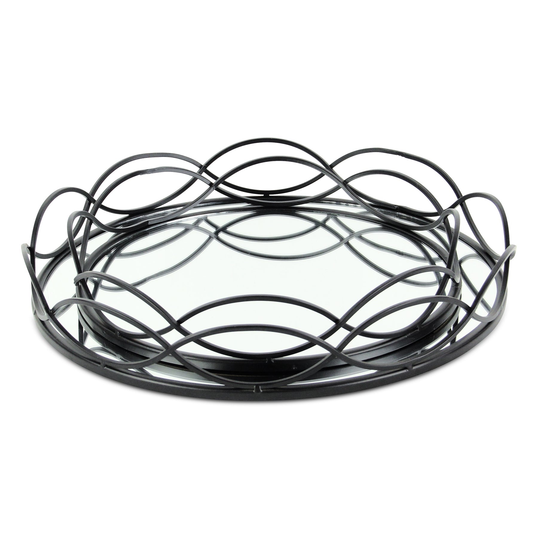 Set of Two Black And Silver Metal And Mirrored Glass Round Vanity Trays-1