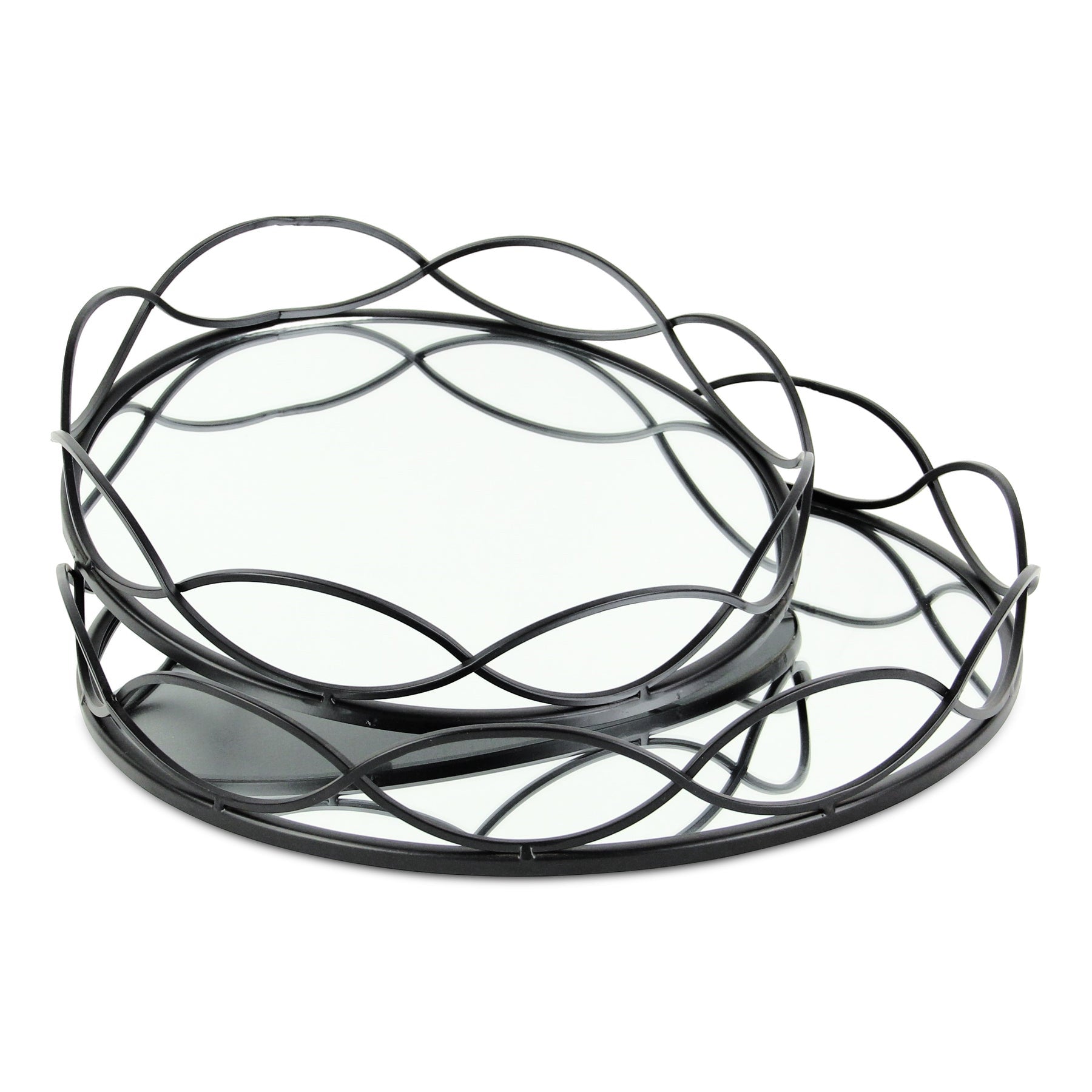 Set of Two Black And Silver Metal And Mirrored Glass Round Vanity Trays-2