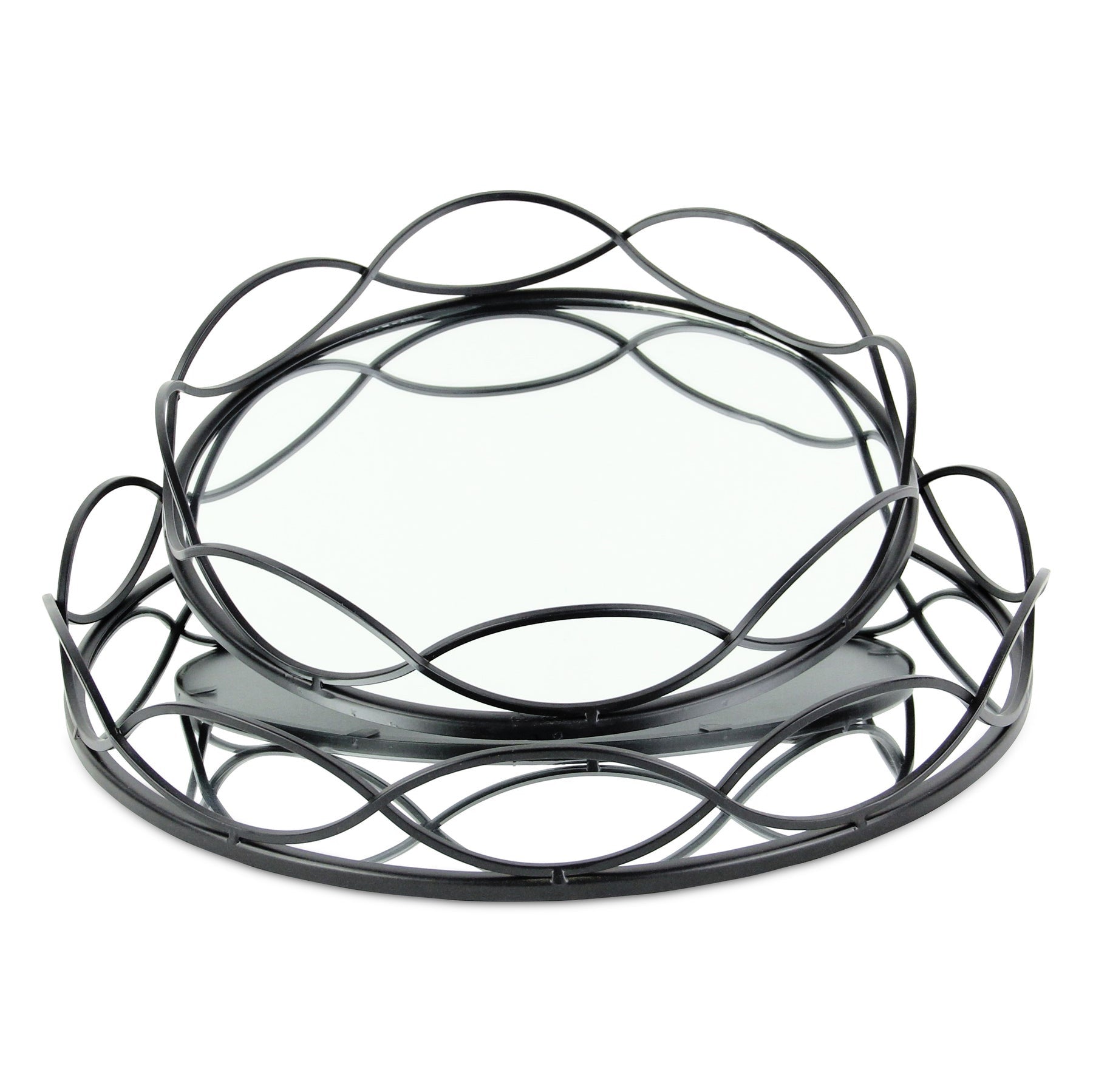 Set of Two Black And Silver Metal And Mirrored Glass Round Vanity Trays-3