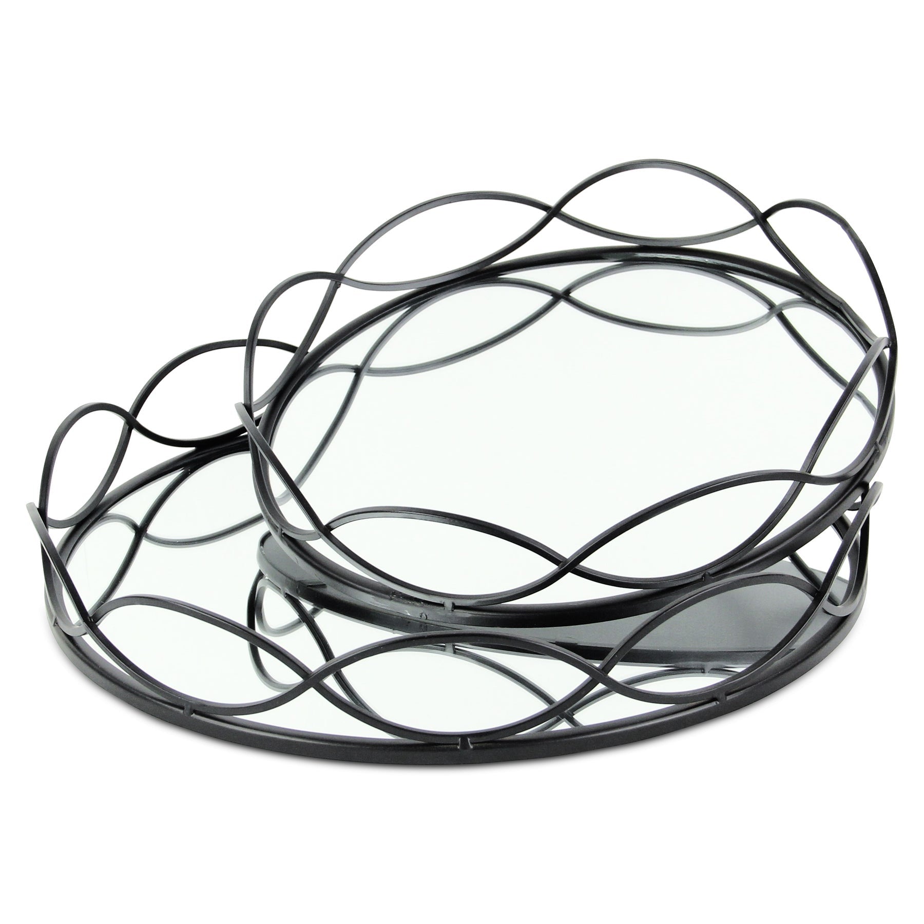 Set of Two Black And Silver Metal And Mirrored Glass Round Vanity Trays-4