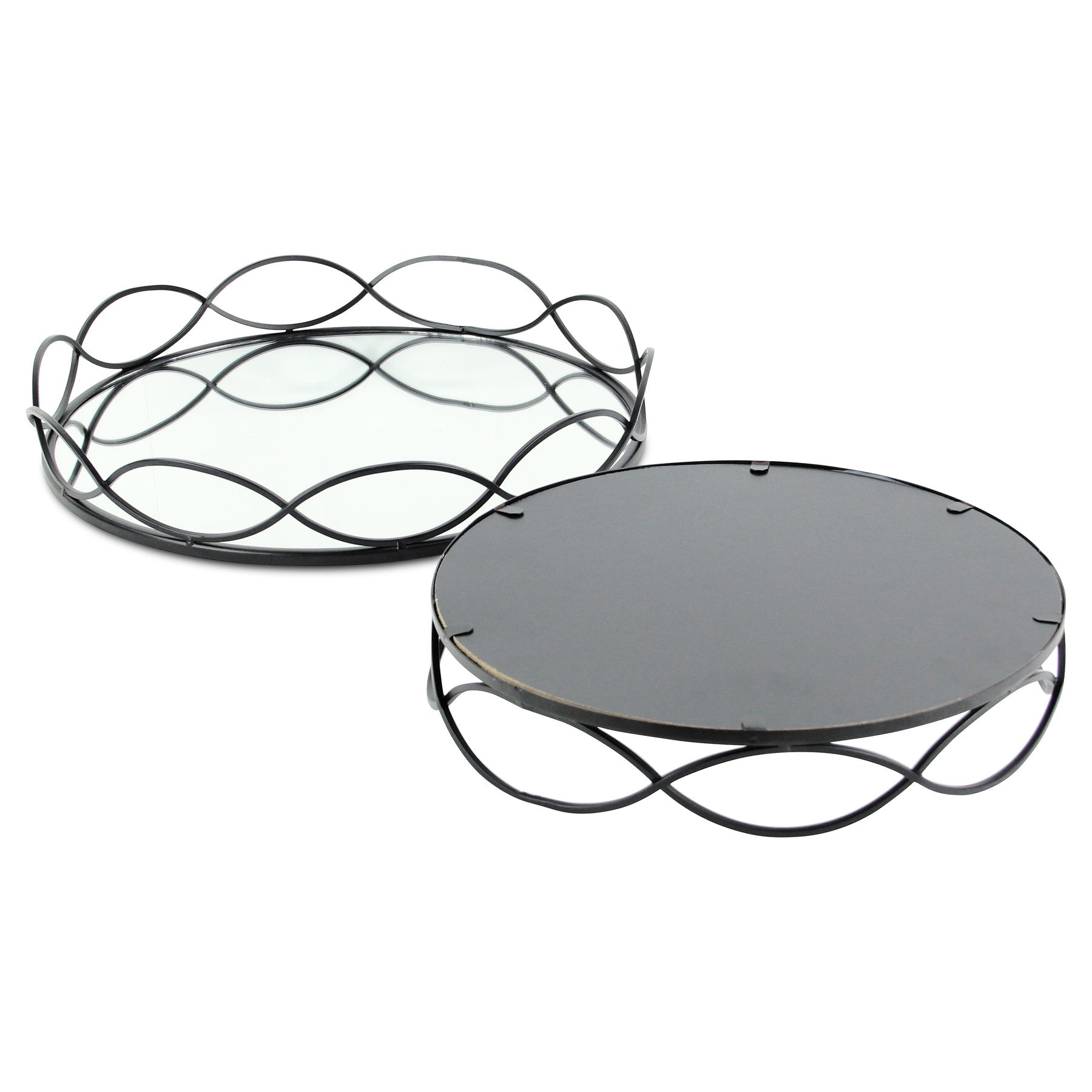Set of Two Black And Silver Metal And Mirrored Glass Round Vanity Trays-8
