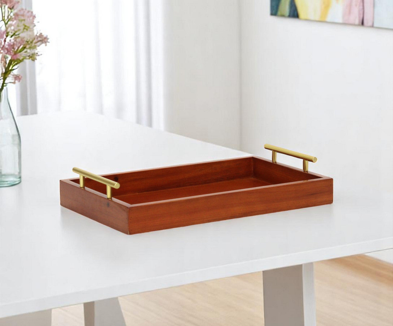 16" Brown And Gold Solid Wood Handmade Serving Tray With Handles-0