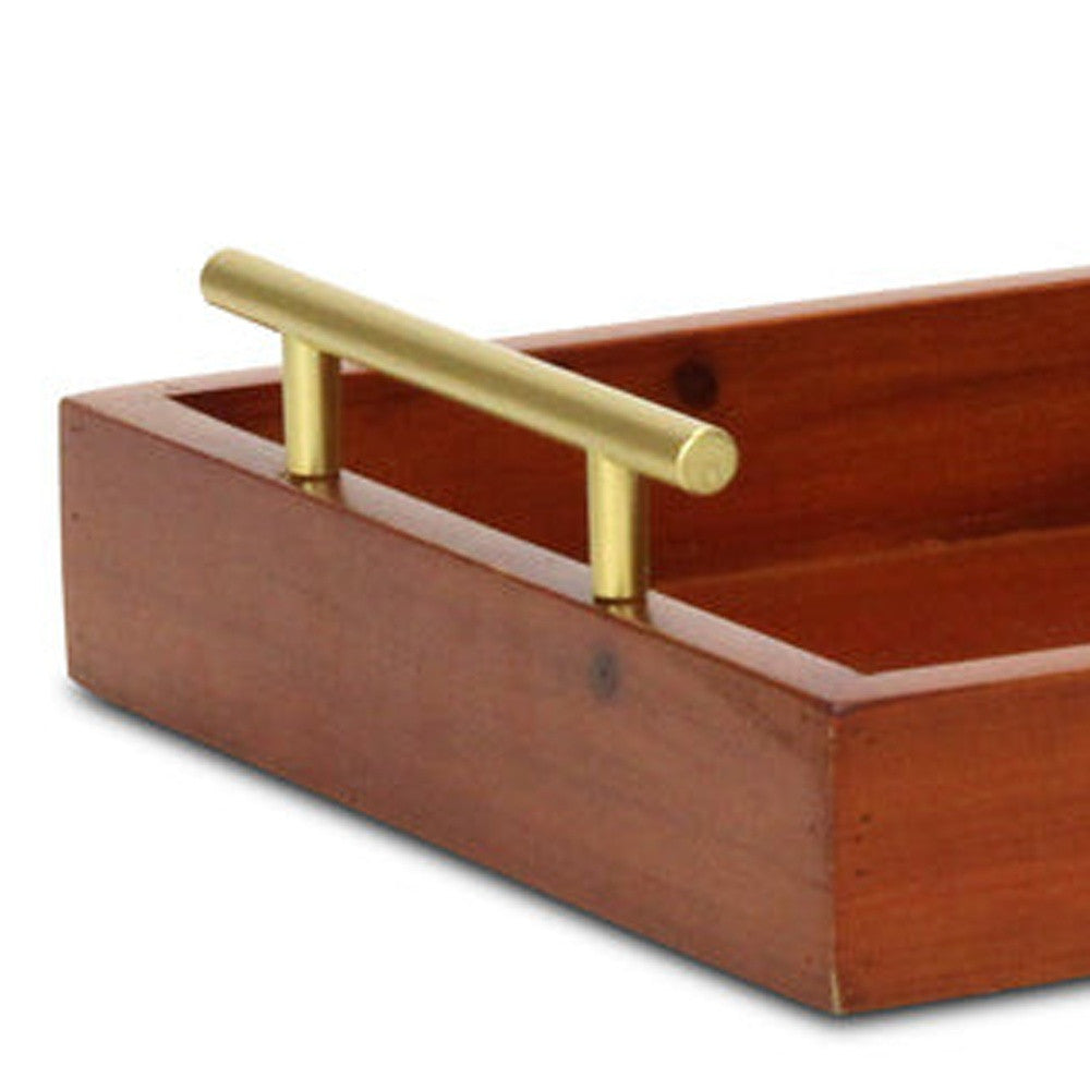 16" Brown And Gold Solid Wood Handmade Serving Tray With Handles-7
