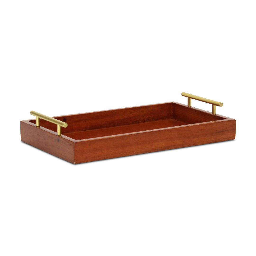 16" Brown And Gold Solid Wood Handmade Serving Tray With Handles-1