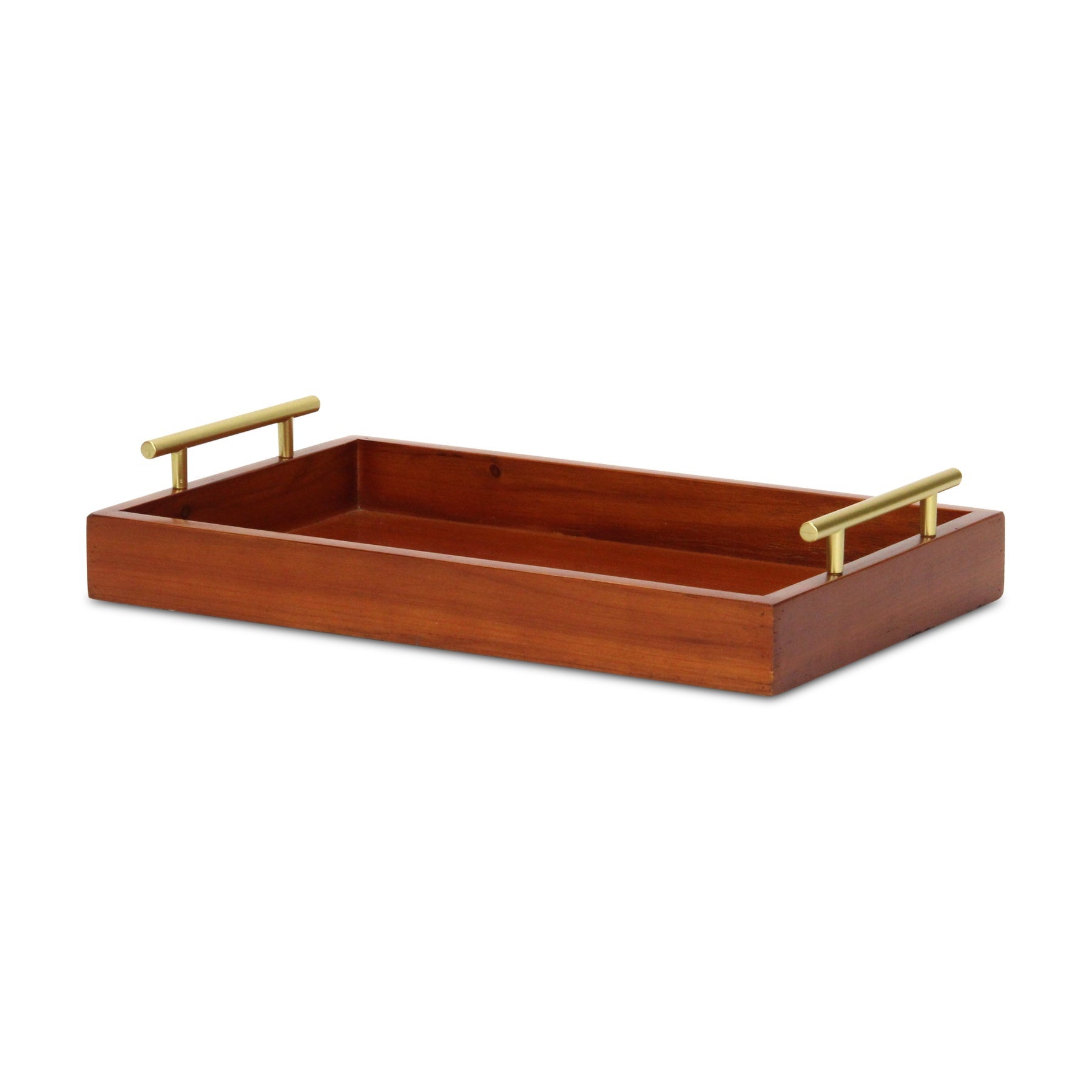 16" Brown And Gold Solid Wood Handmade Serving Tray With Handles-2