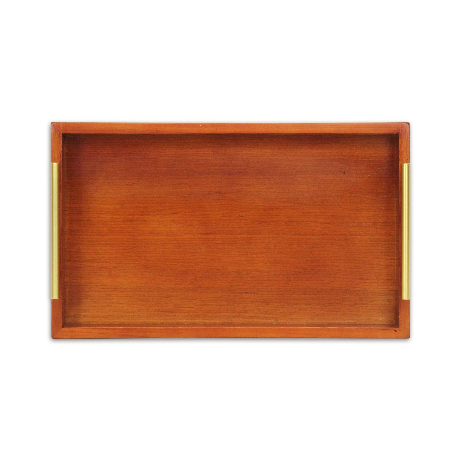 16" Brown And Gold Solid Wood Handmade Serving Tray With Handles-5