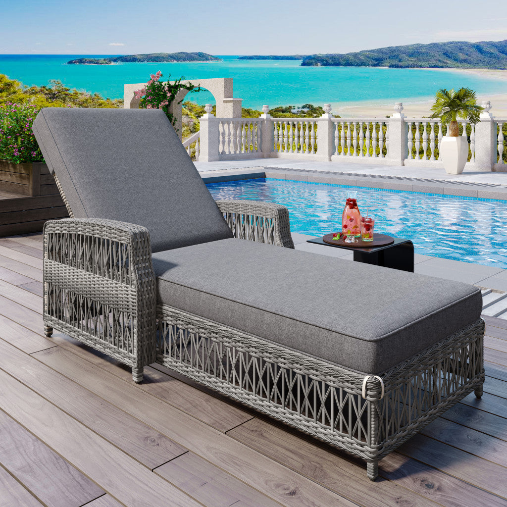 78" Gray Metal Outdoor Chaise Lounge with Gray Cushion-Outdoor Chairs-DECOROLALA
