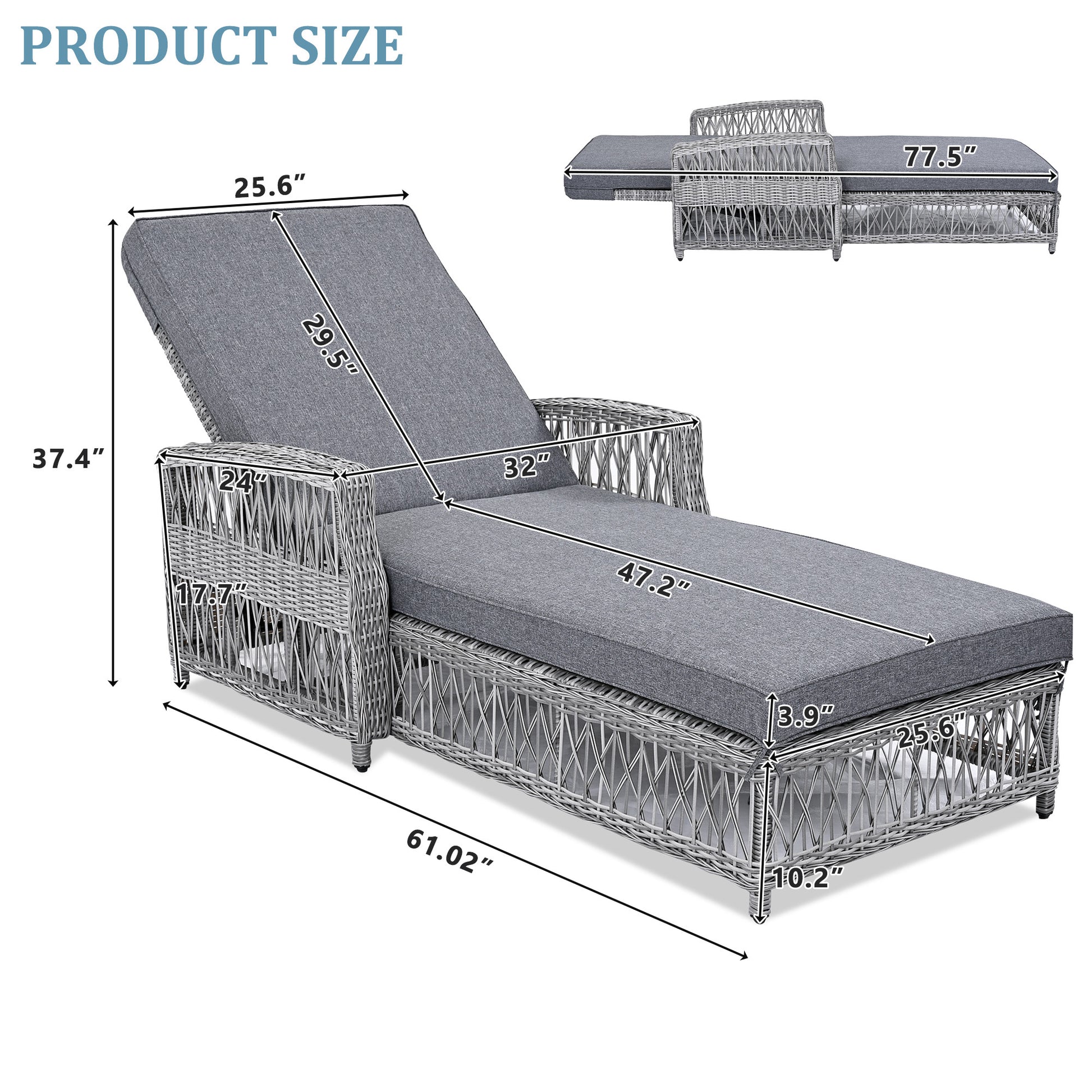 78" Gray Metal Outdoor Chaise Lounge with Gray Cushion-Outdoor Chairs-DECOROLALA
