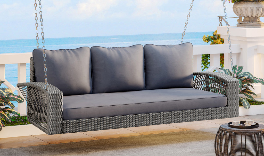 69" Gray Metal Outdoor Swing Chair with Gray Cushion-Outdoor Chairs-DECOROLALA